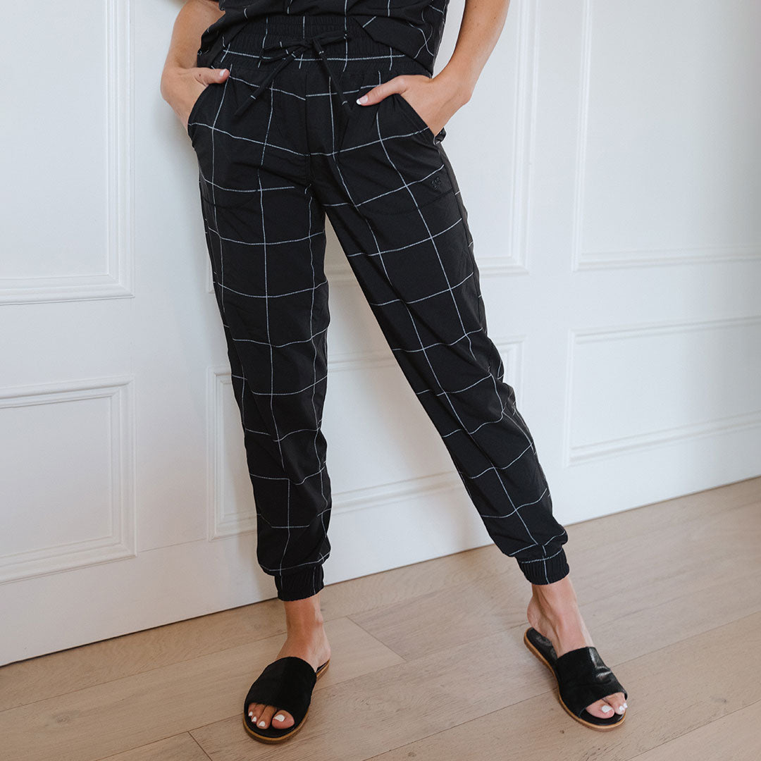 Destination Joggers for Men - Stylish Black Windowpane Pattern Lounge Pants - Perfect for Home Relaxation, Casual Outings & Travel