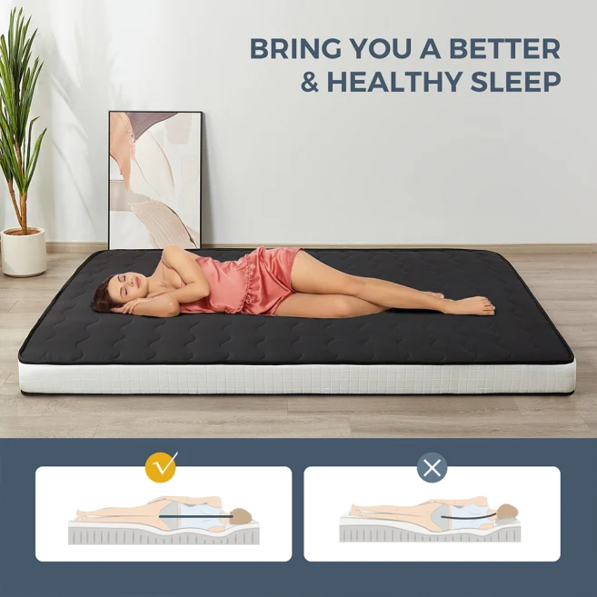 MAXYOYO Padded Japanese Floor Mattress - Black Foldable Roll Up Futon for Bedroom, Guest Room & Travel | Comfortable Floor Sleeping Mat for Adults & Kids