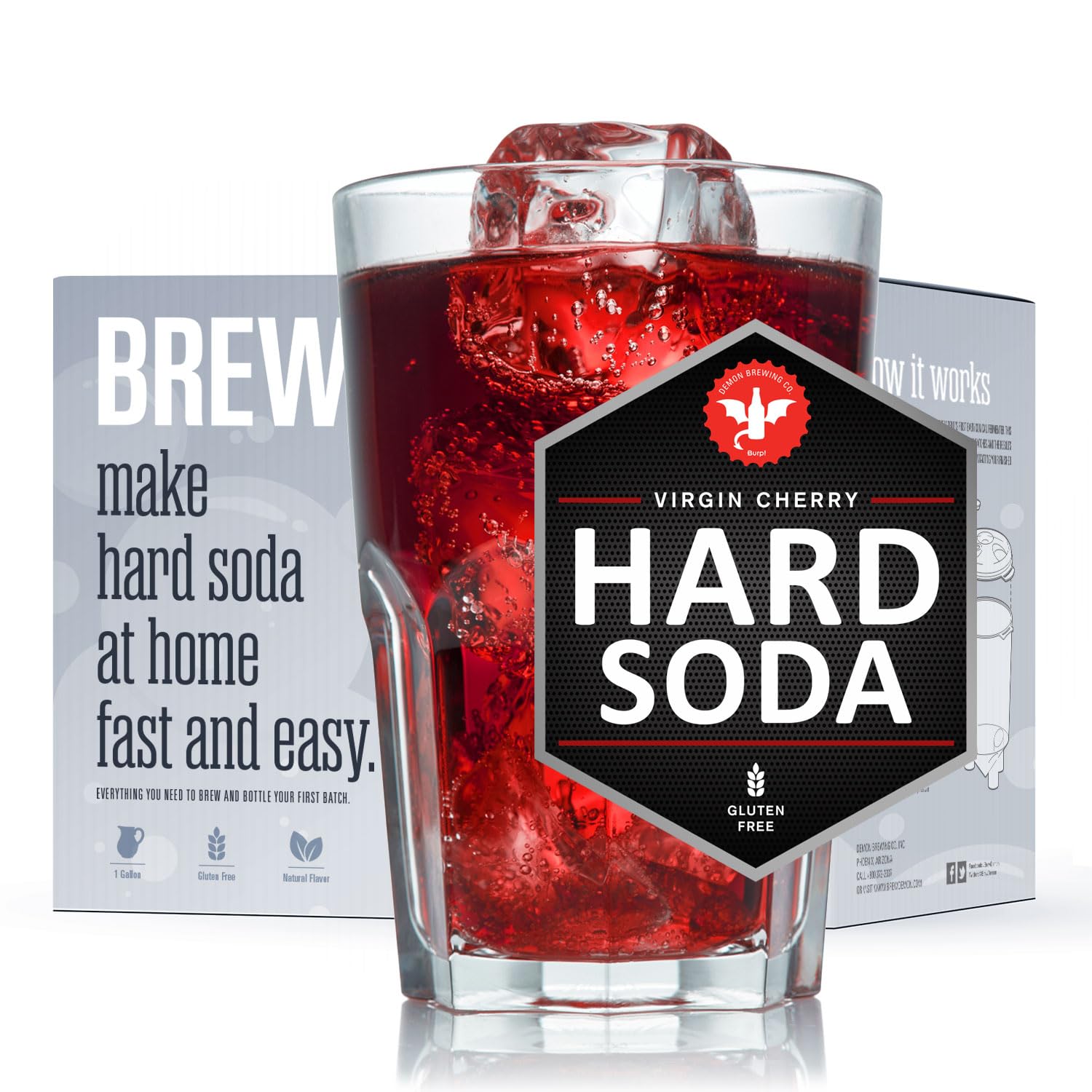 BrewDemon 1 Gallon Hard Soda Brewing Kit with Conical Fermenter & Bottles - Sediment-Free Virgin Cherry Flavor for Home Brewing - Perfect for Parties, Gifts & DIY Beverage Making