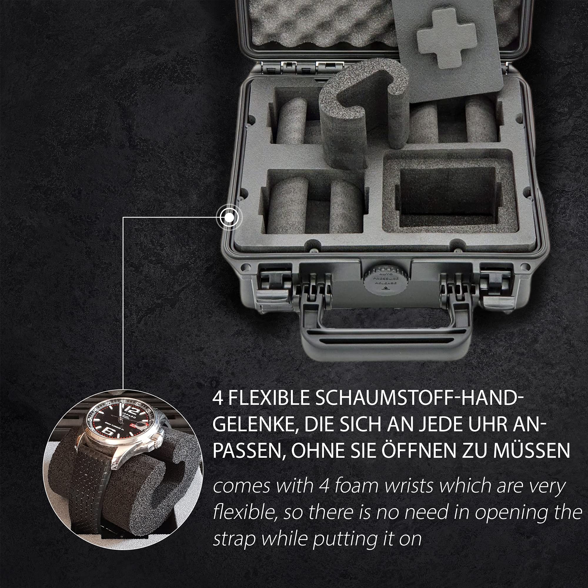 Premium Watch Travel Case for 4 Watches - Waterproof & Dustproof Protective Storage with Lock - German Made - Perfect for Business Trips, Vacations & Watch Collectors