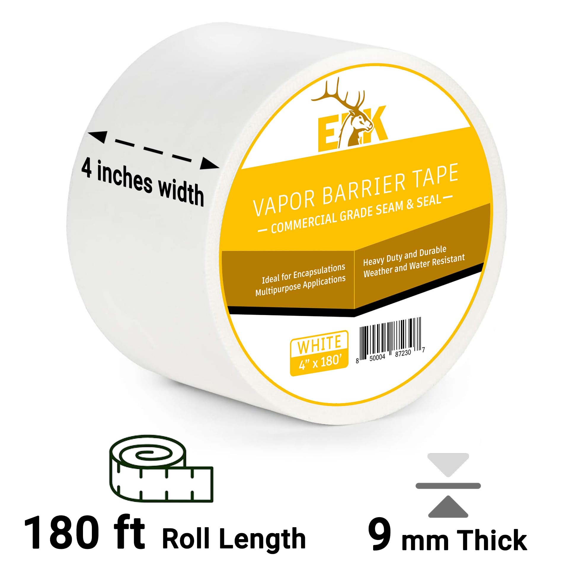 ELK Vapor Barrier Tape - 4” x 180ft - 3 Pack - Heavy Duty PE 9mm Polyethylene Seam Tape - Waterproof Moisture Barrier for Crawl Space Encapsulation, Marine Use & Home Improvement - Ideal for Basement Waterproofing, Boat Repairs and DIY Projects