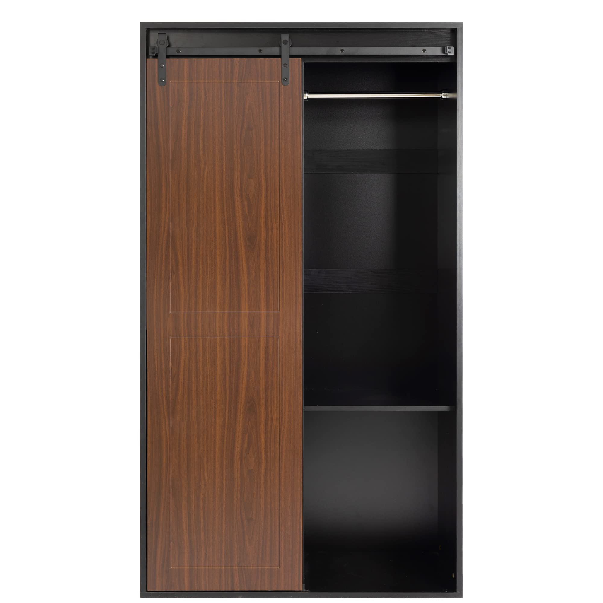 71 Inch Tall Wooden Armoire Wardrobe for Bedroom - Freestanding Closet Organizer with Hanging Rod, Barn Doors, Drawers & Open Shelves - Brown Finish - Perfect for Master Bedroom, Guest Room or Walk-in Closet Storage Solution