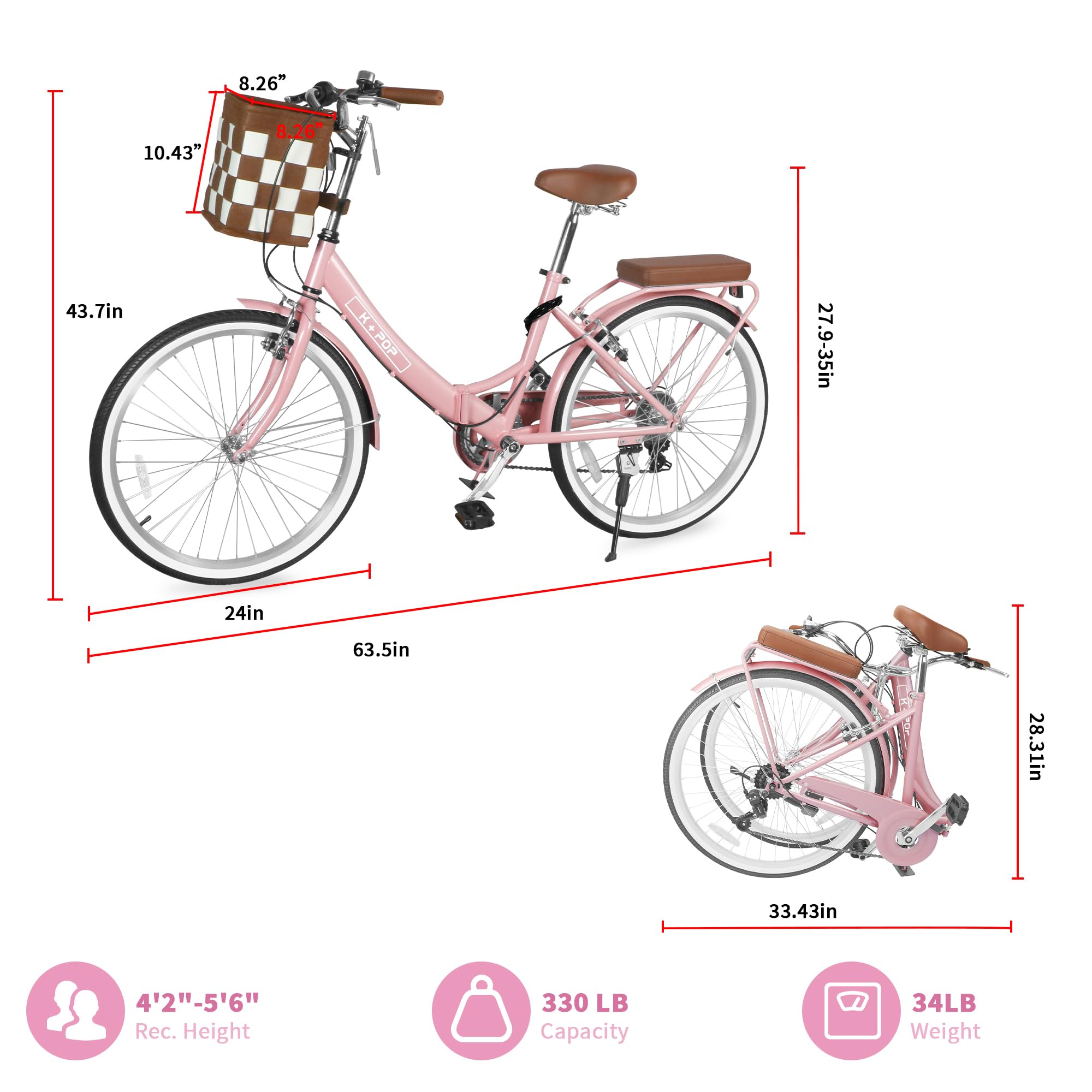 24-Inch Foldable Beach Cruiser Bike for Women - 7-Speed Commuter Bicycle with Front Basket, Classic Paint & Streamlined Design | Perfect for City Riding, Fitness Exercise & Beach Vacations