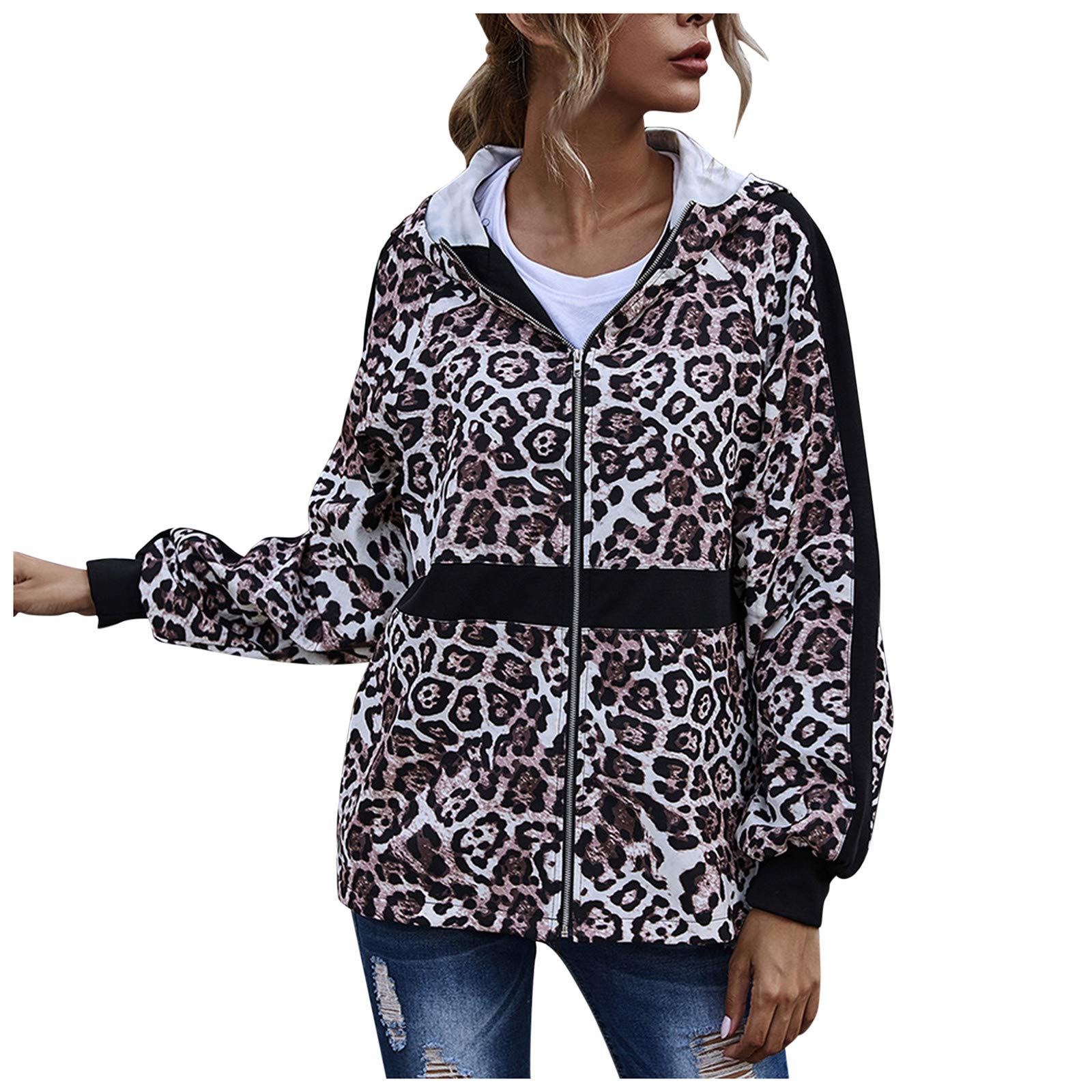 Posijego Women's Winter Fall Patchwork Hooded Jacket - Cotton Leopard Print Coats for Women | Warm Outerwear for Cold Weather, Streetwear Fashion, Casual Daily Wear