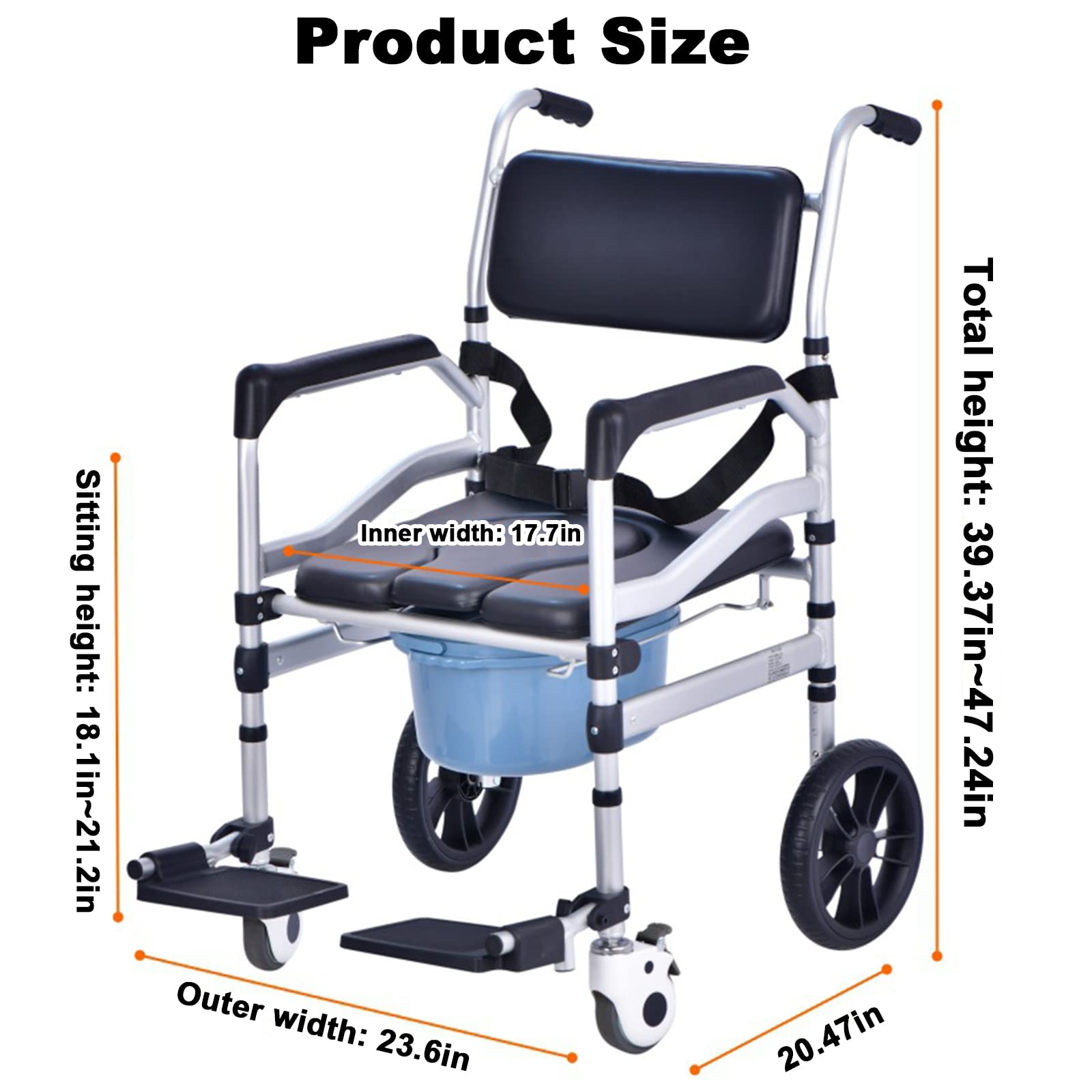 **Aluminum Alloy Foldable Shower Chair with Wheels - 4-in-1 Height Adjustable Rolling Shower Wheelchair for Seniors, Sturdy Commode Seat for Elderly & Disabled (Black) - Ideal for Bathroom Safety & Mobility Assistance**