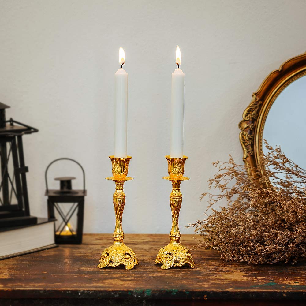 Luxury Gold Candlestick Holders Set of 2 - Elegant Taper Candle Holders for Wedding, Christmas, Shabbat & Home Decor - 7.4 Inch Tall Candle Centerpiece for Dining Table, Mantel & Holiday Decorations