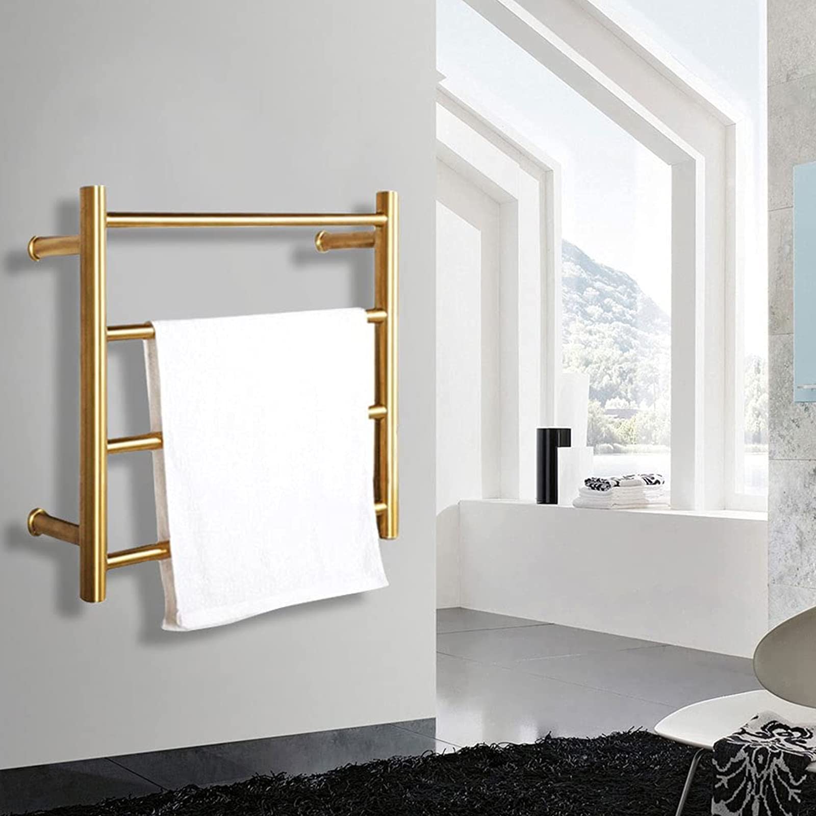 Premium 48W Electric Heated Towel Rail - 4 Bar Wall Mounted Towel Warmer with Thermostat | Brushed Gold 304 Stainless Steel Bathroom Towel Rack | Hardwired Installation for Spa-Like Luxury & Quick Drying | Perfect for Modern Homes, Hotels & Luxury Bathrooms