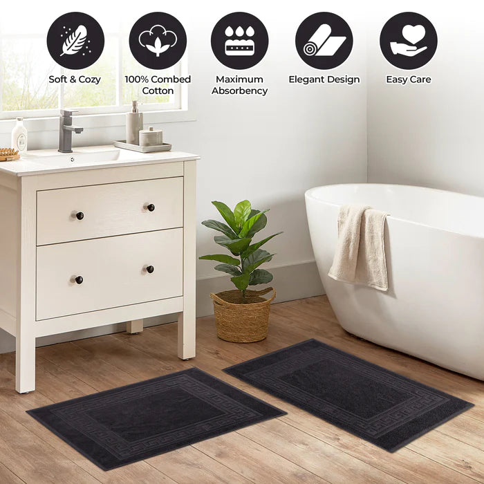 Premium Cotton 2-Piece Greek Key Border Bath Mat Set - Ultra Absorbent, Non-Slip Bathroom Rug - Perfect for Modern Bathrooms, Master Suites & Spa-Like Retreats
