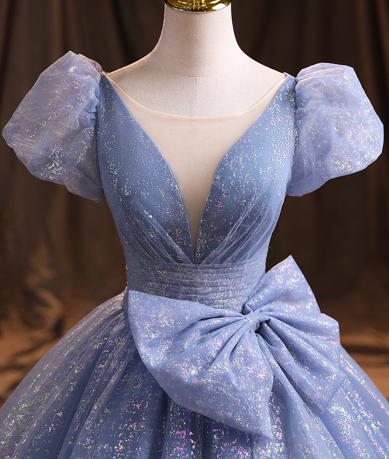Elegant Blue Birthday Party Gown with Bow Tie - Long Formal Prom Dress for Women - Perfect for Special Occasions, Evening Events & Homecoming Dances