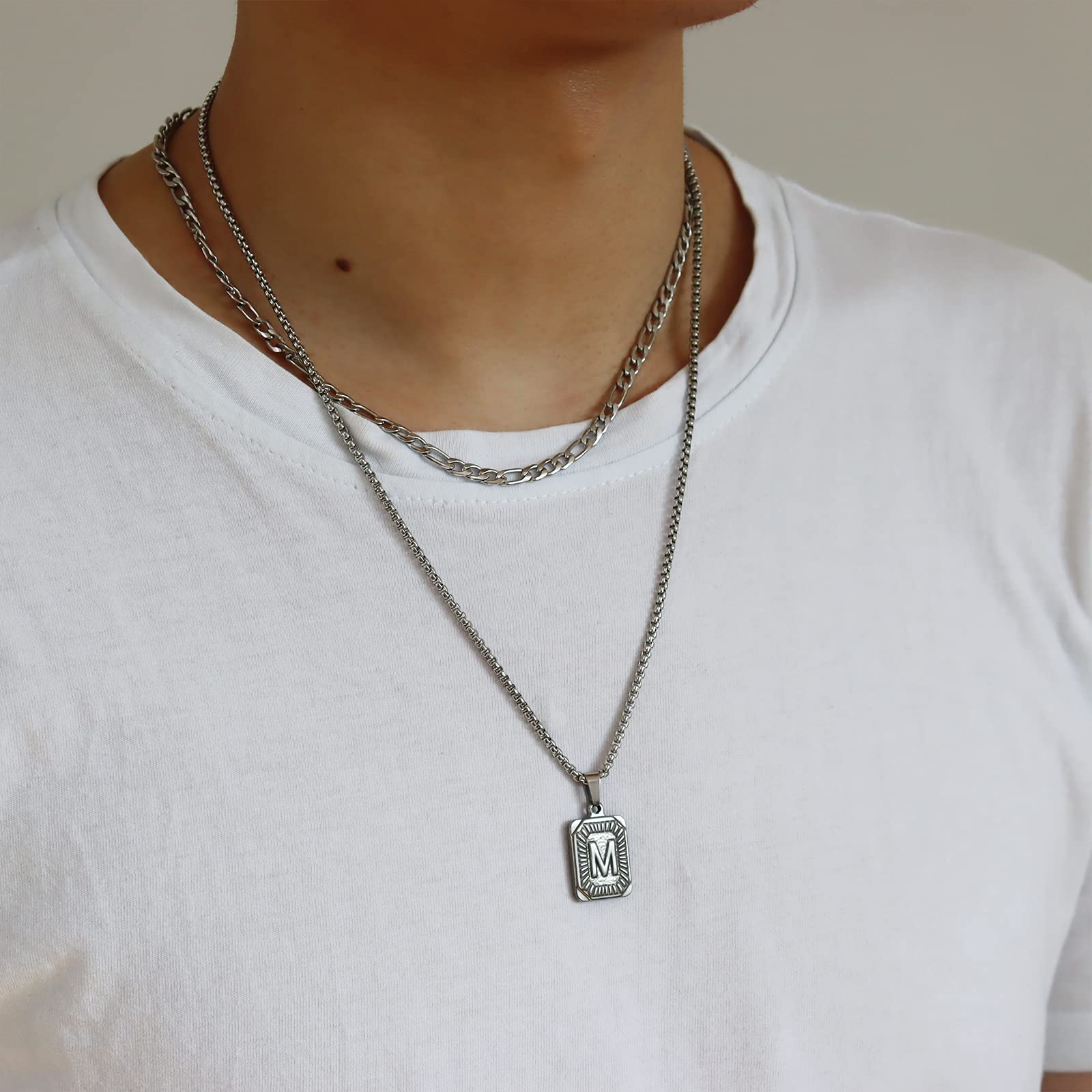 Personalized Silver Initial Necklace for Men - Square Letter Pendant A-Z, Layered Chain, Birthday & Christmas Gift for Him - Perfect for Anniversary, Graduation, Valentine's Day & Special Occasions