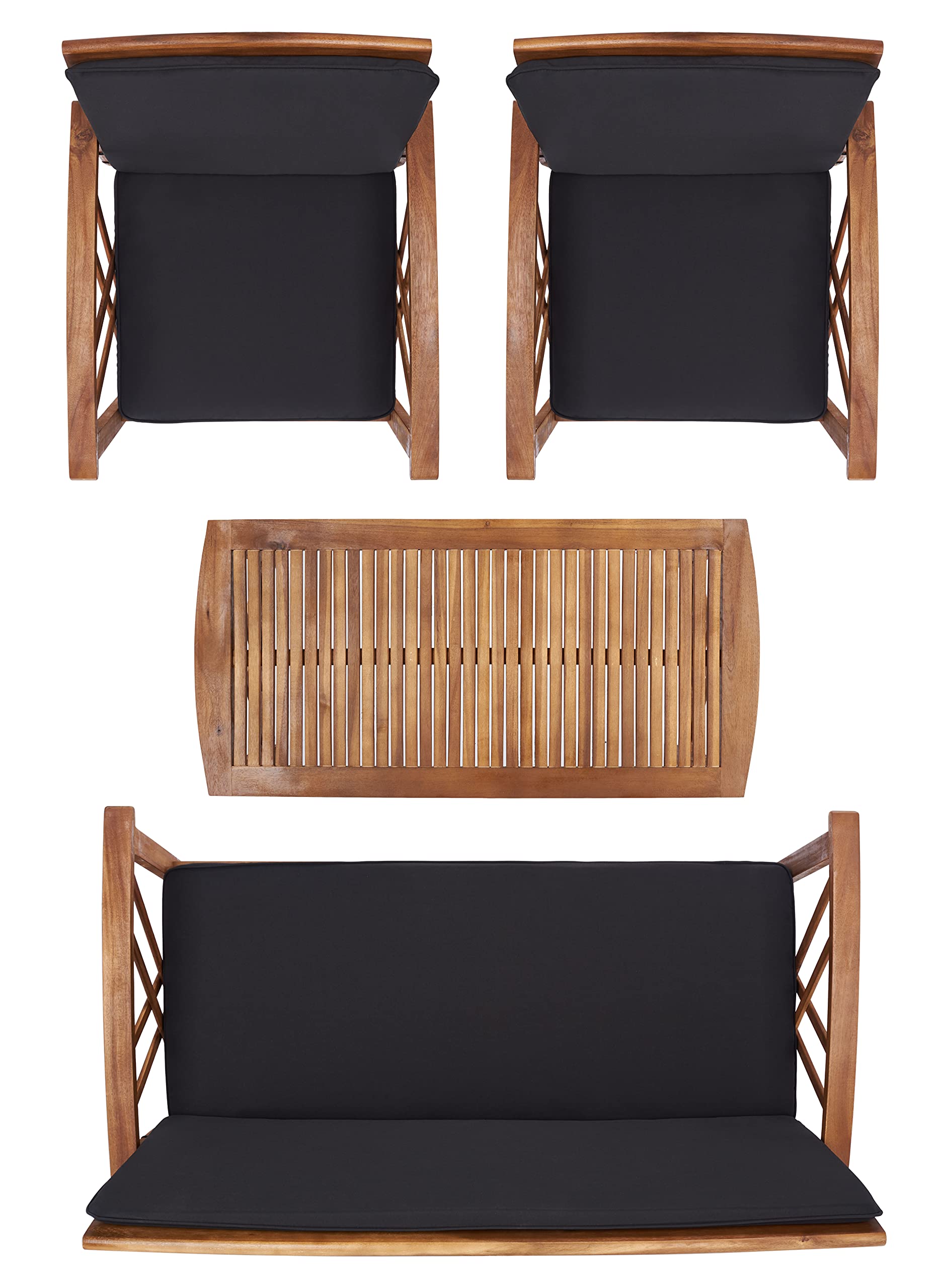 SAFAVIEH Outdoor Collection Fontana Natural/Black 4-Piece Patio Conversation Set - Water-Resistant Cushions for Backyard, Garden & Poolside Relaxation