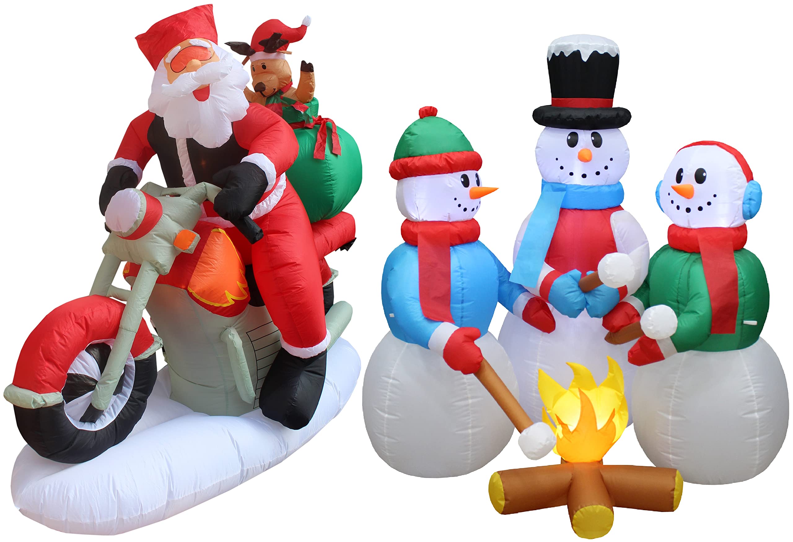 6ft Lighted Inflatable Santa Claus on Motorcycle & 5ft Snowman Campfire Set - Christmas Party Decorations Bundle with Reindeer & Marshmallow Roasting Scene for Outdoor Yard Decor