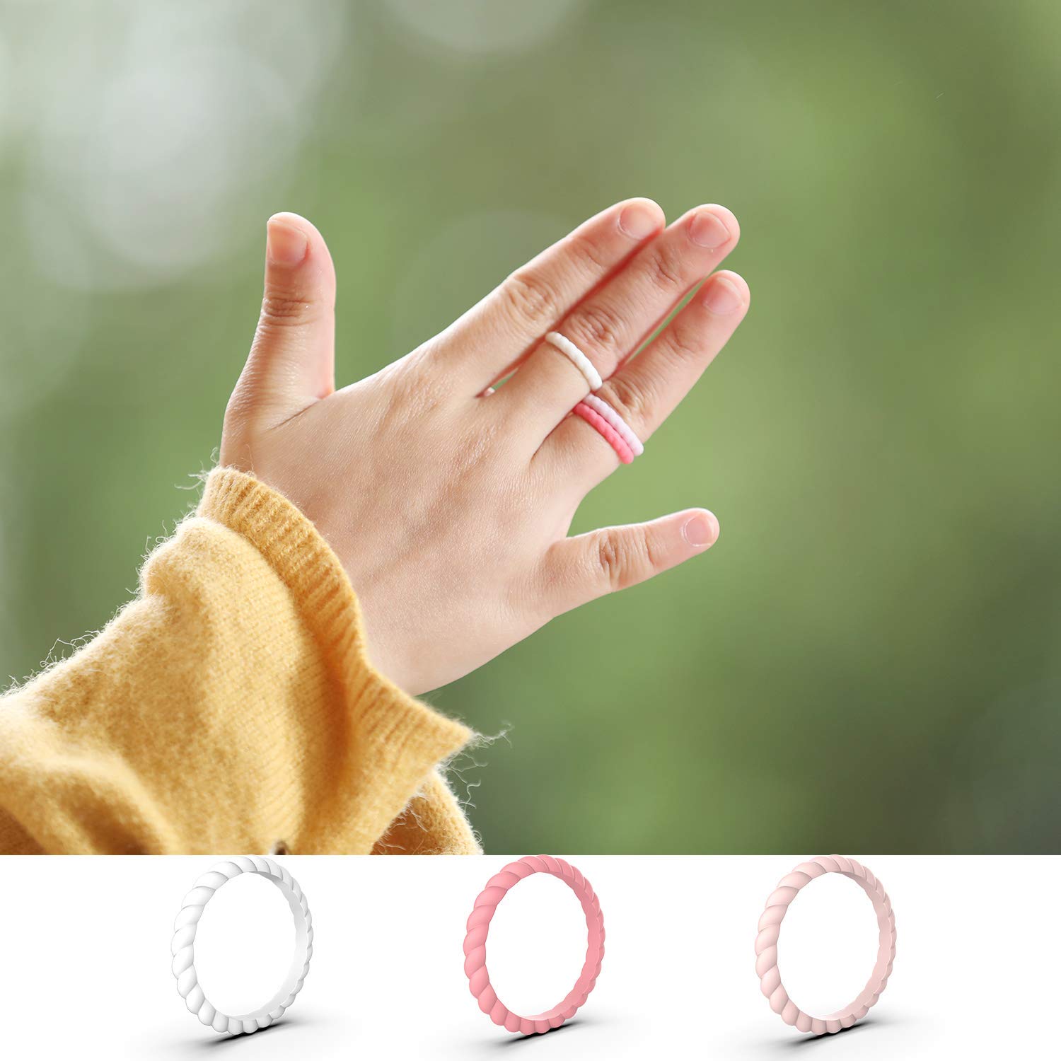 Zollen 12 Pack Thin Braided Silicone Wedding Rings for Women - Hypoallergenic Rubber Wedding Bands, Stackable Comfort Fit Rings for Active Lifestyle, Gym, Swimming & Outdoor Activities