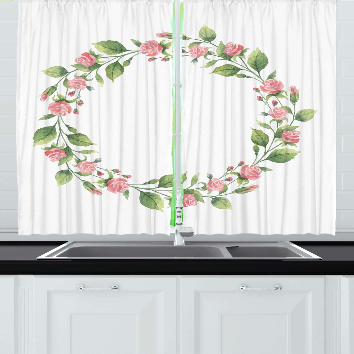 Ambesonne Summer Pink Long Kitchen Curtains - Watercolor Rose & Branches Wreath Design, 2 Panel Rod Pocket Drapes 55x45 Inches, White Peacock Green - Perfect for Farmhouse, Cottage & Vintage Style Kitchen Decor