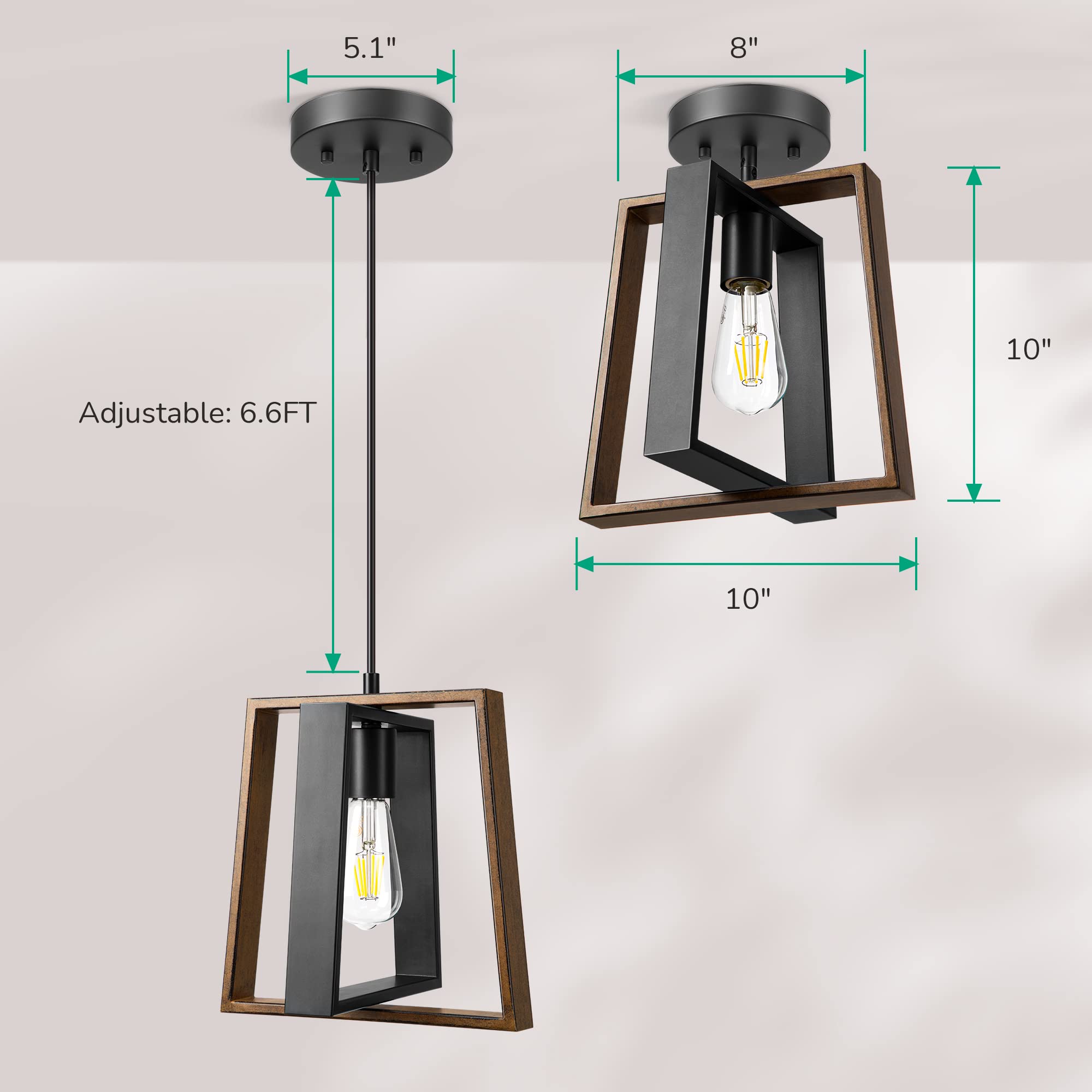 EDISHINE Black Wood Grain Adjustable Farmhouse Pendant Lights - Kitchen Island Lighting Fixture for Dining Room & Hallway | Rustic Home Decor, Dimmable Hanging Lights for Modern & Traditional Interiors