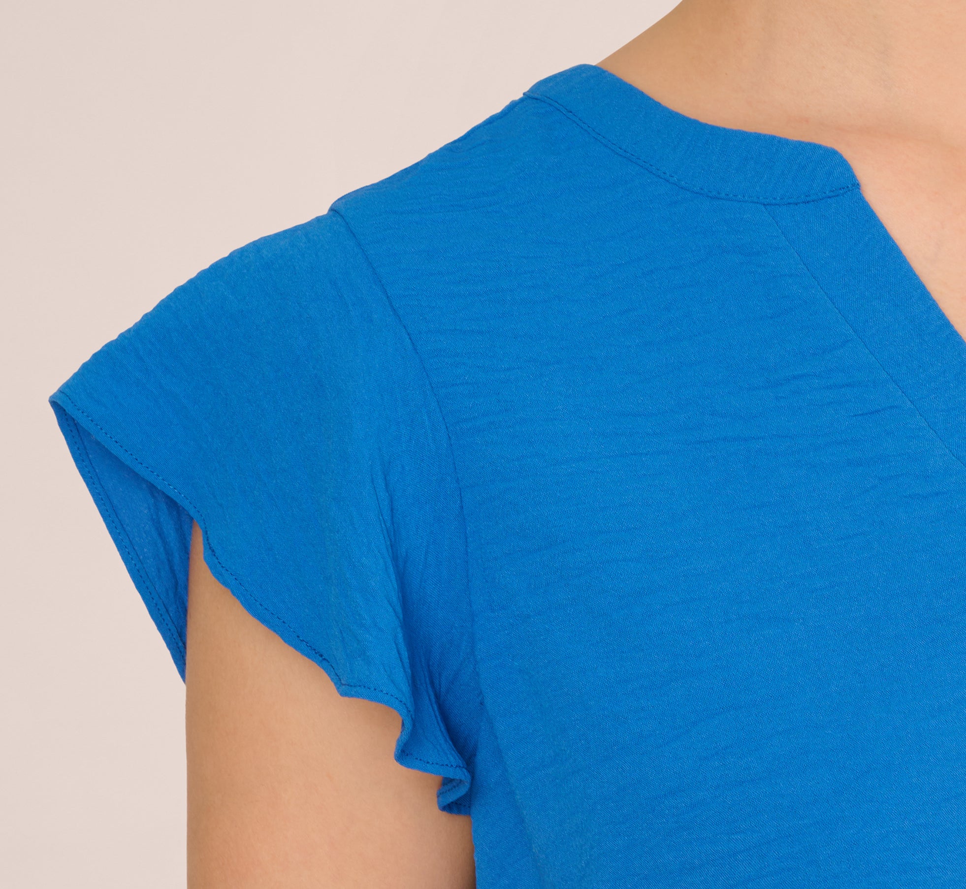 Flutter Sleeve Top with Notched Neckline in Egyptian Blue - Women's Elegant Blouse for Casual Wear, Office Outfits & Summer Fashion