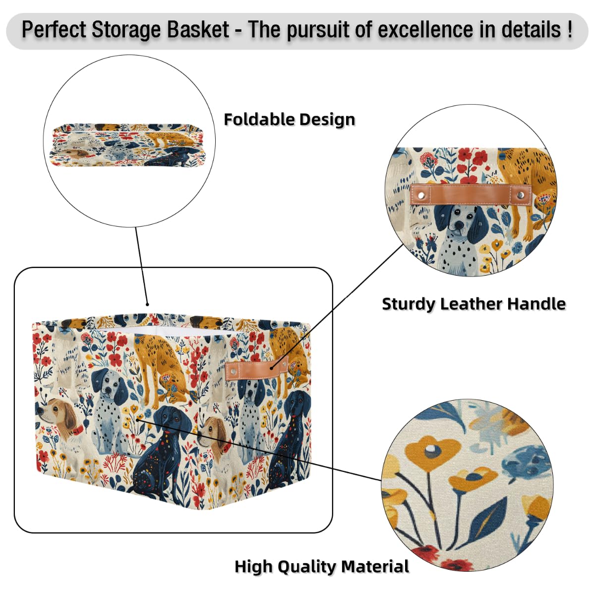 Cartoon Hand-Drawn Dog Foldable Storage Baskets with Handles - 2 Pack Decorative Organizer Bins for Shelves, Home & Office | Perfect for Bedroom, Bathroom, and Kids' Room Storage