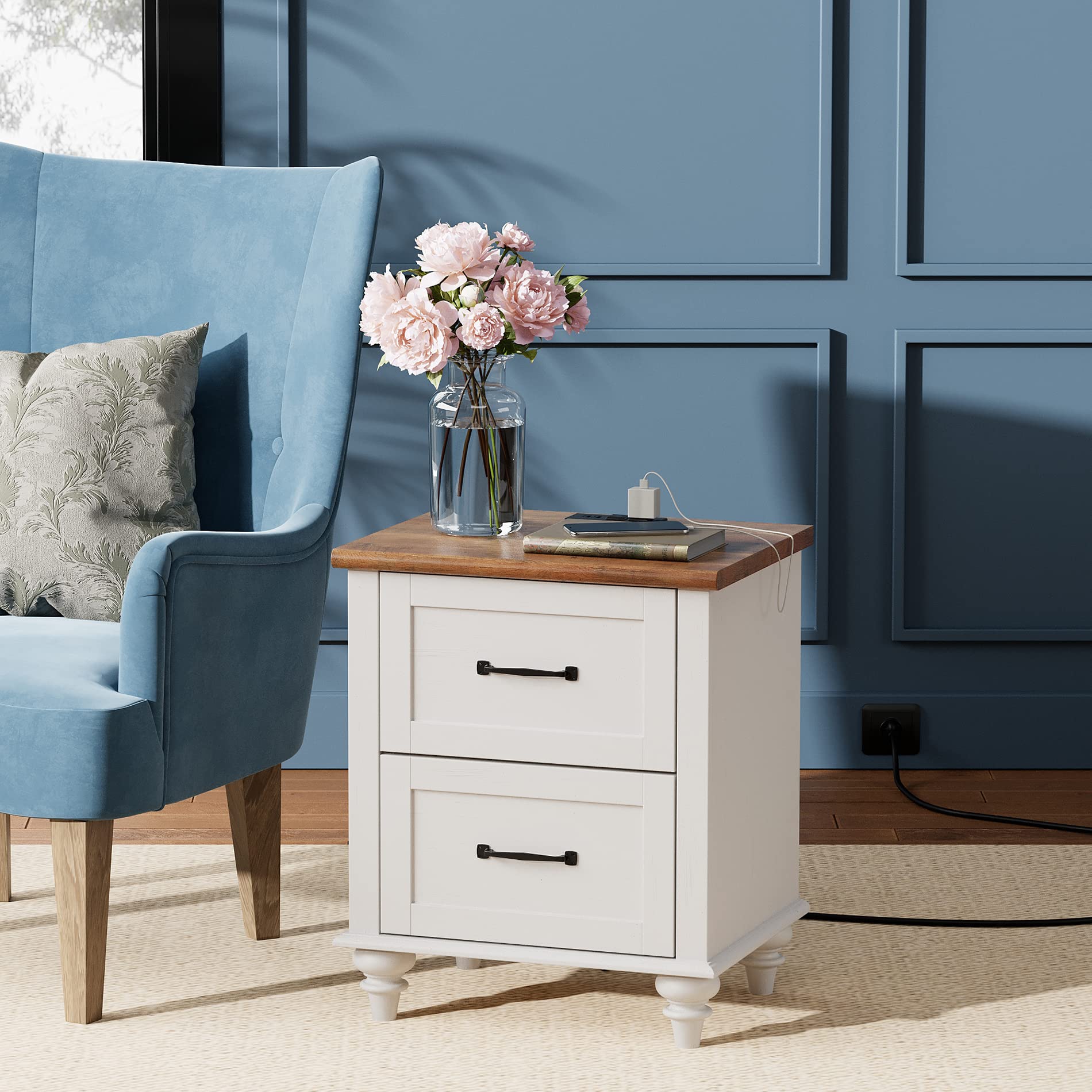 WAMPAT White Nightstand with Charging Station - Mid Century Modern Bedside Table with 2 Drawers - Wooden End Table for Bedroom & Living Room - Perfect for Phone Charging & Bedside Storage
