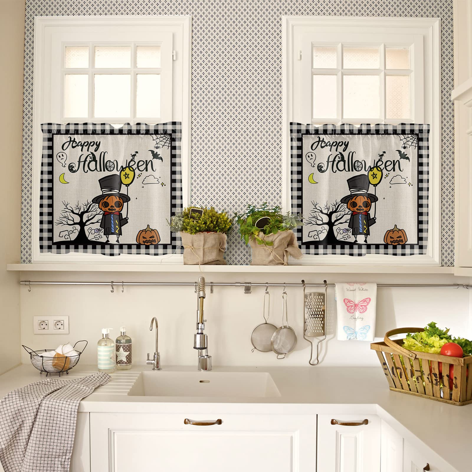 Halloween Kitchen Curtains Set - Farmhouse Black Plaid Fall Pumpkin Burlap Window Treatment with Rod Pocket, 54 x 18 inch + 27.5 x 24 inch x 2, Perfect for Seasonal Decor, Bedroom & Kitchen Windows