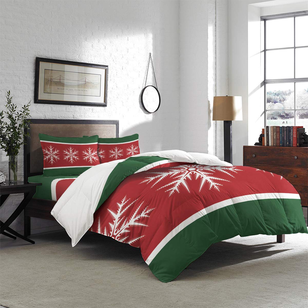 4-Piece Full Size Christmas Duvet Cover Set - Red & Green Snowflake Striped Luxury Soft Bedding (1 Duvet Cover + 1 Sheet + 2 Pillowcases) - Perfect for Winter Bedroom Decor & Holiday Home Styling
