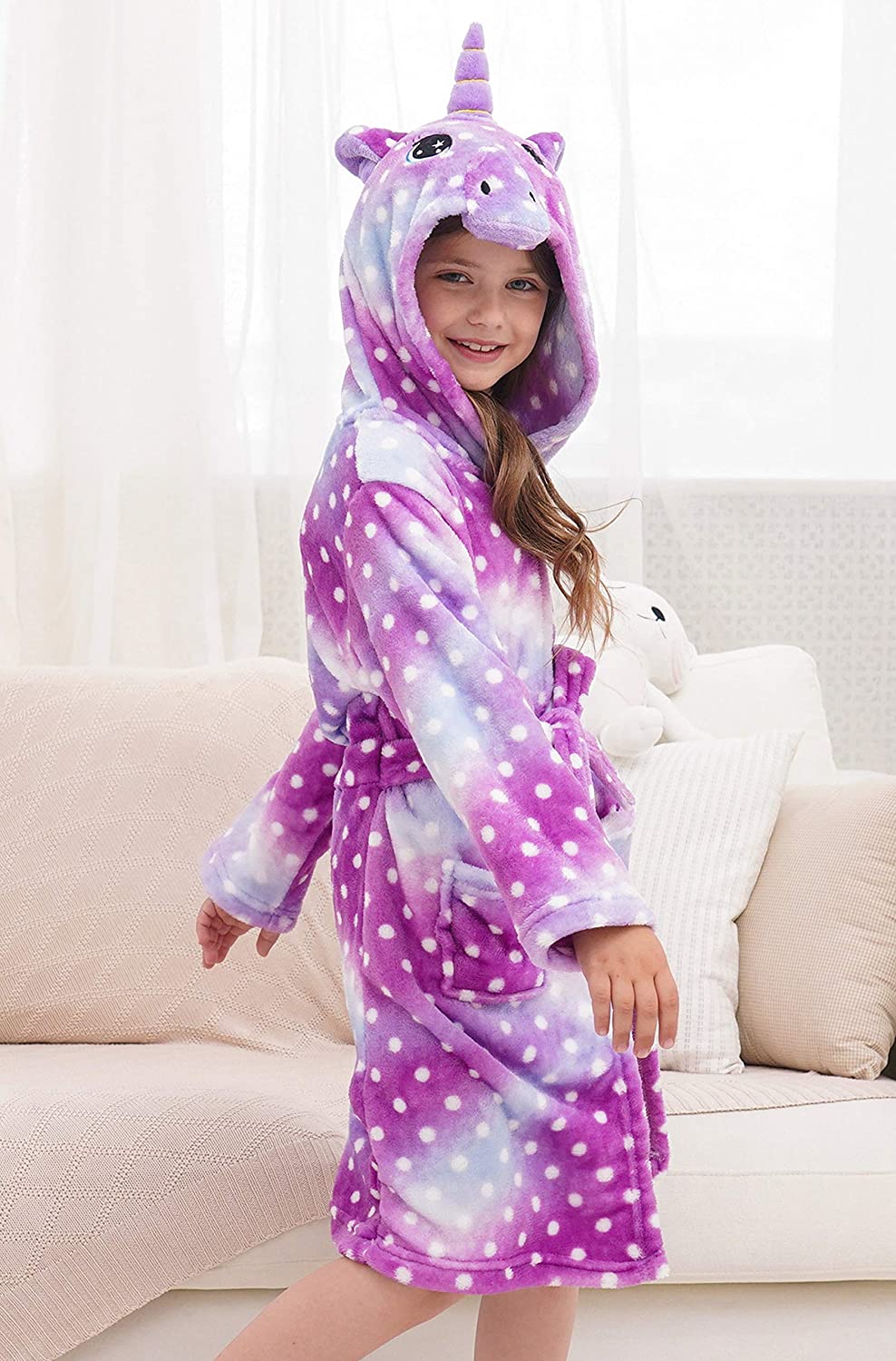 Soft & Cozy Unicorn Dots Bathrobe for Women & Girls - Plush Fleece Robe with Hood for Spa, Lounge & Relaxation at Home