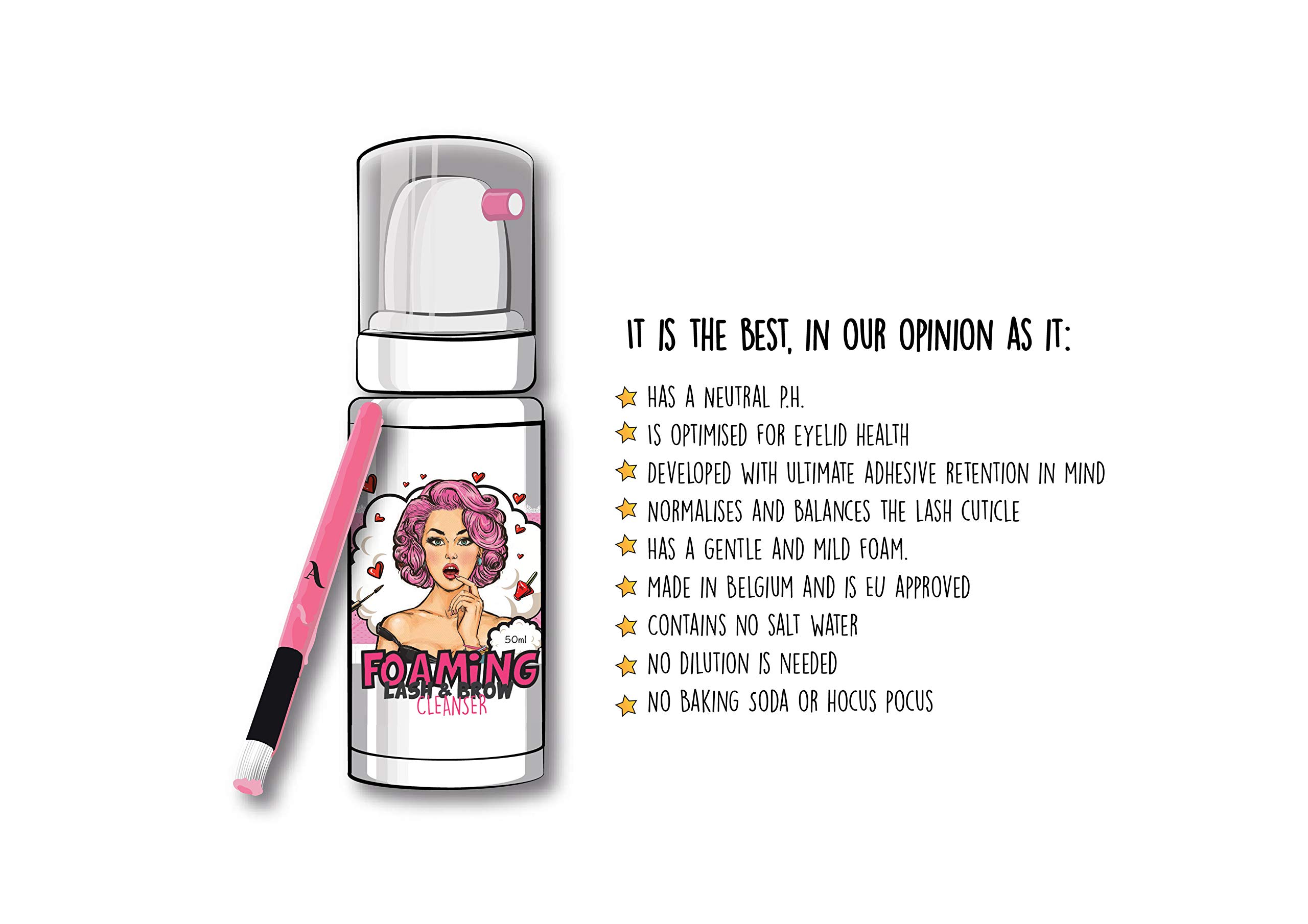 Black Lashes Pro Foaming Lash & Brow Cleanser 50ml - Oil Free, Vegan, Safe for Eyelash Extensions with Free Brush | Gentle Makeup Remover for Daily Lash & Brow Care