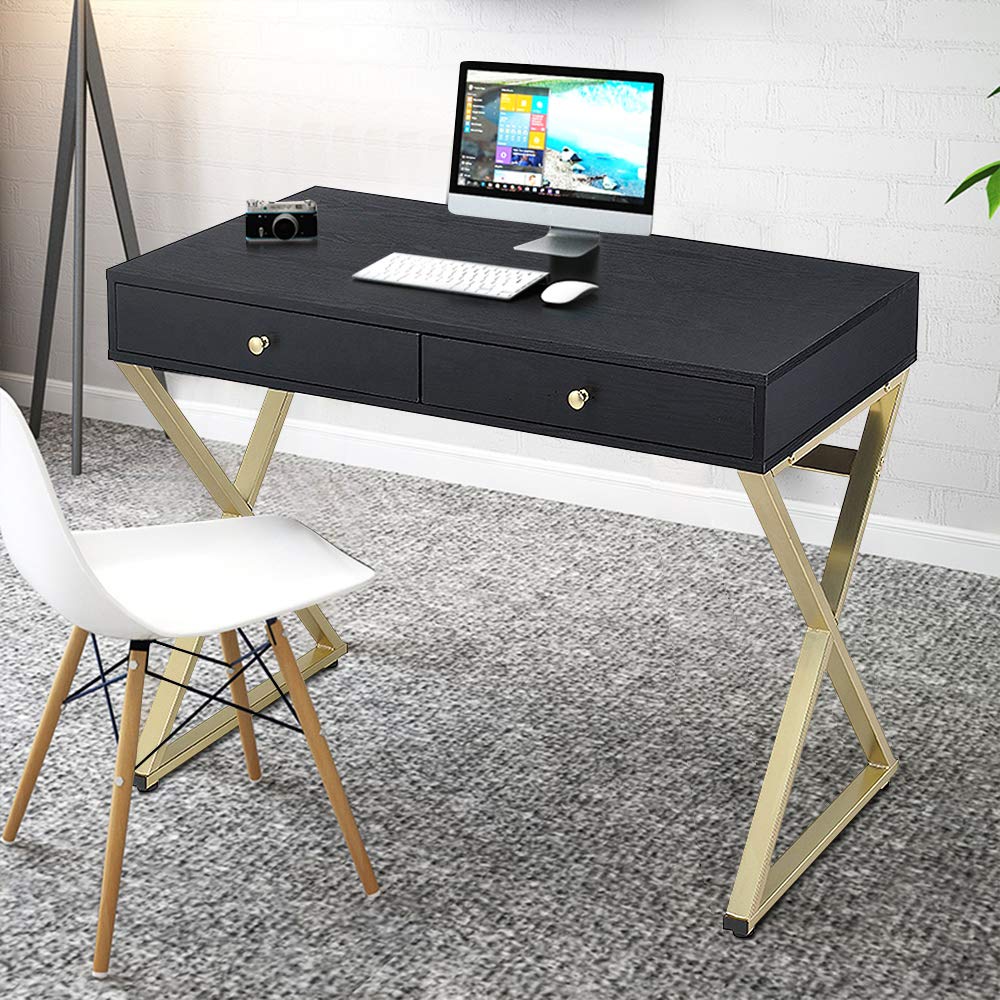 Modern Black & Brass Writing Desk with 2 Drawers - Elegant Vanity Dressing Table for Women, Stylish Makeup Desk, Home Office Workstation for PC/Laptop - Perfect for Bedroom, Living Room, and Home Office Spaces