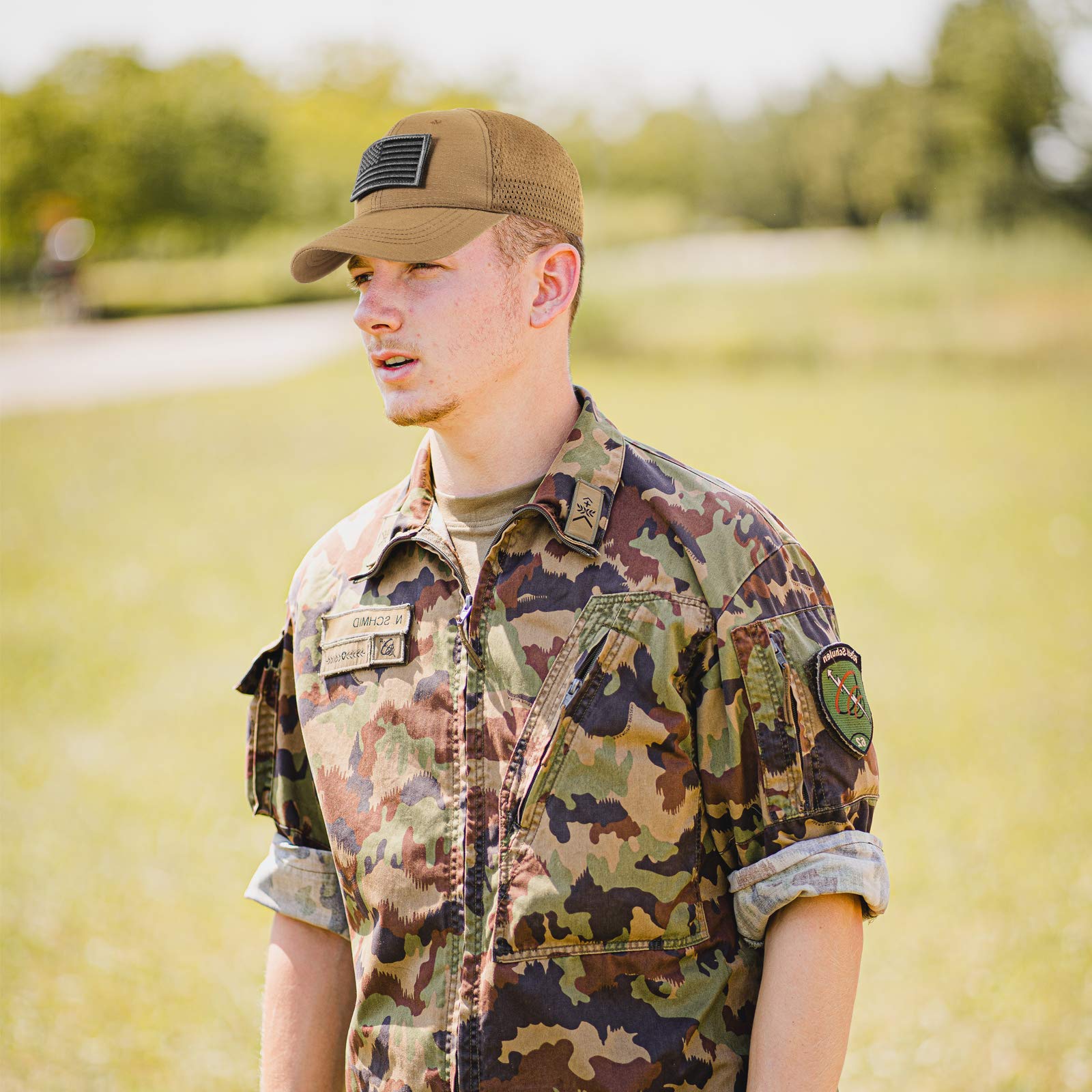 Breathable Mesh Tactical Cap with 8 Military Patches - Operator Flag Baseball Hat for Men | Outdoor Hiking, Airsoft, Military Training & Casual Wear