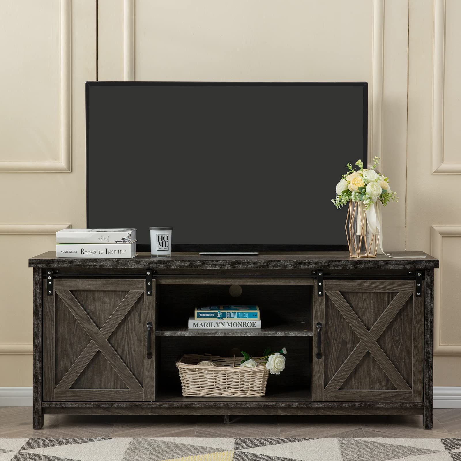 Modern Farmhouse TV Stand with Sliding Barn Doors - 65 Inch Media Console with 2-Tier Storage Cabinets - Rustic Entertainment Center for Living Room & Bedroom - Dark Grey - Perfect for Farmhouse Decor & Home Theater Setup