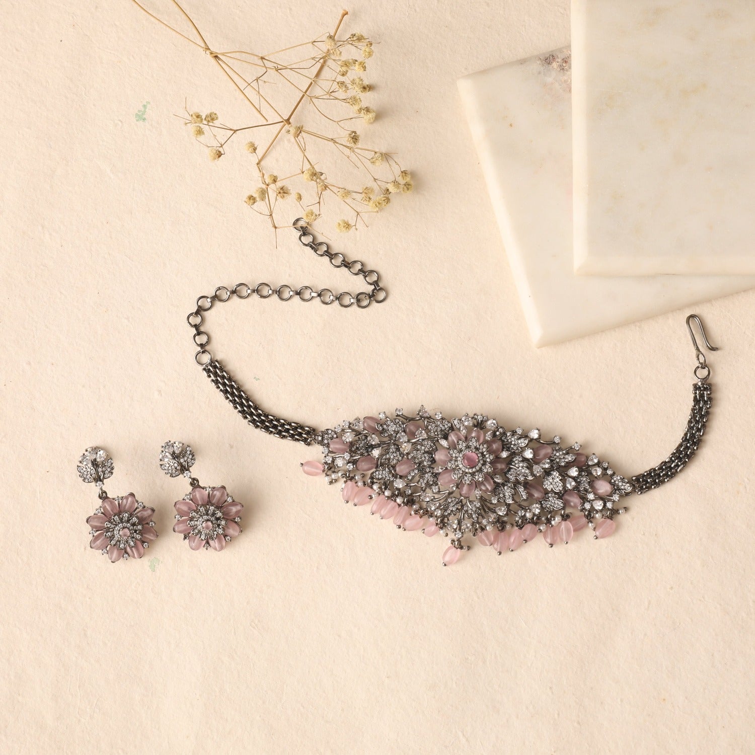 Elegant Floral Blush CZ Choker Necklace Set - Cubic Zirconia Rhinestone Bridal Jewelry for Women, Perfect for Weddings, Prom, Date Night & Special Occasions