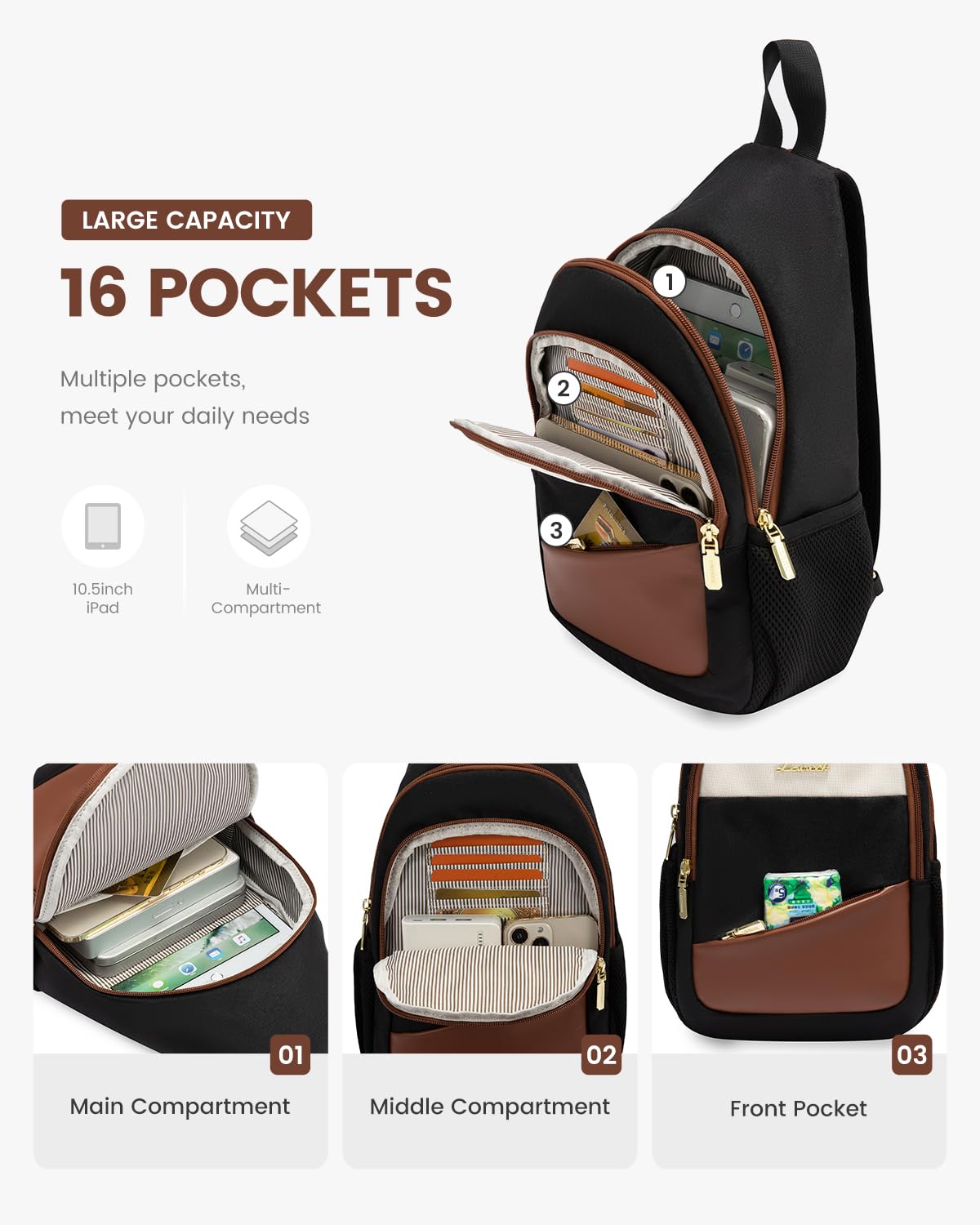 LOVEVOOK Women's Sling Backpack - Water-resistant Crossbody Bag for Hiking, Travel & Diaper Storage in Black/Brown/Beige
