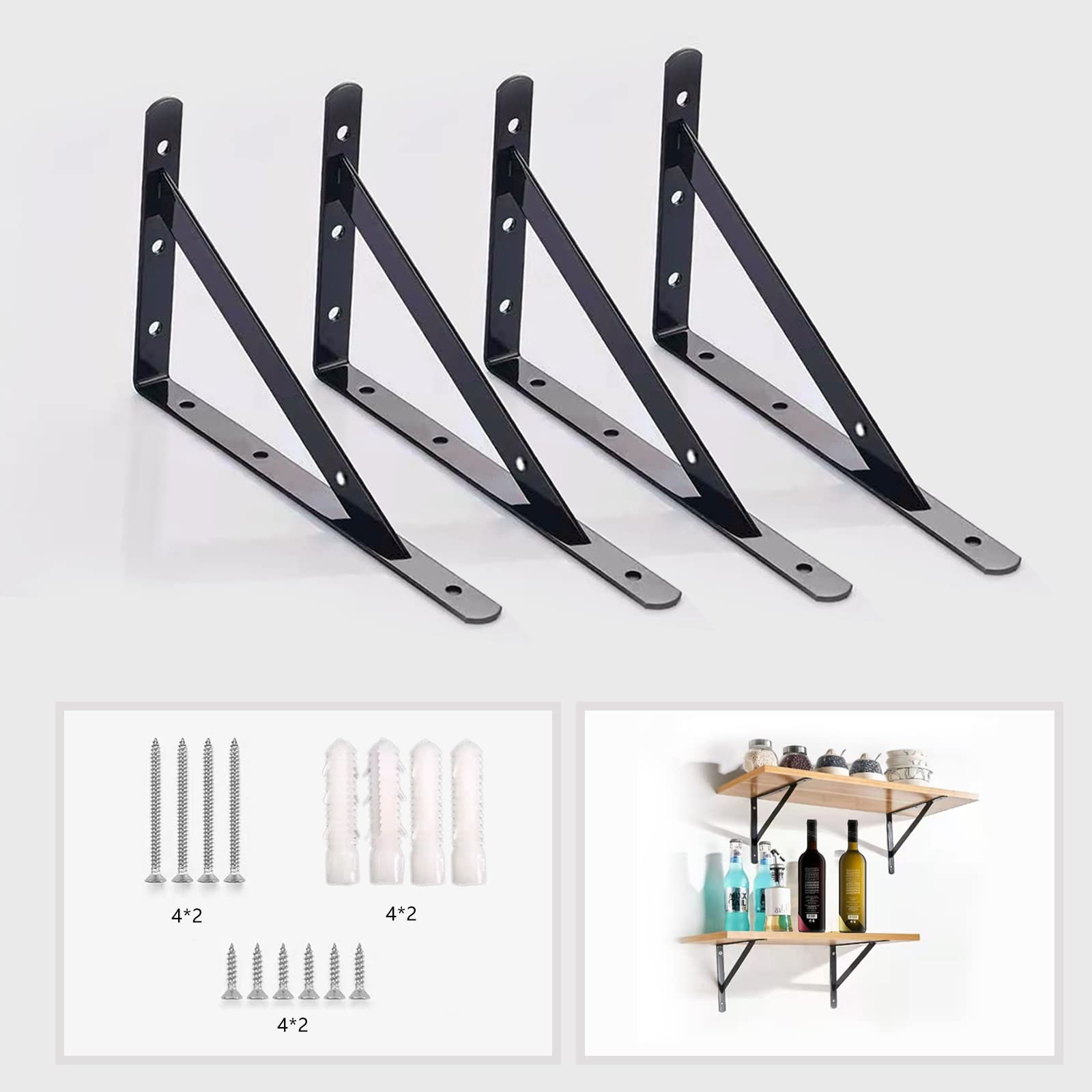 12 Inch Black Decorative Floating Shelf Brackets - Heavy Duty Triangle Shelving Brackets with Screws (4 Pack) - Perfect for Wall Shelves, Bookshelves, and Home Decor Organization