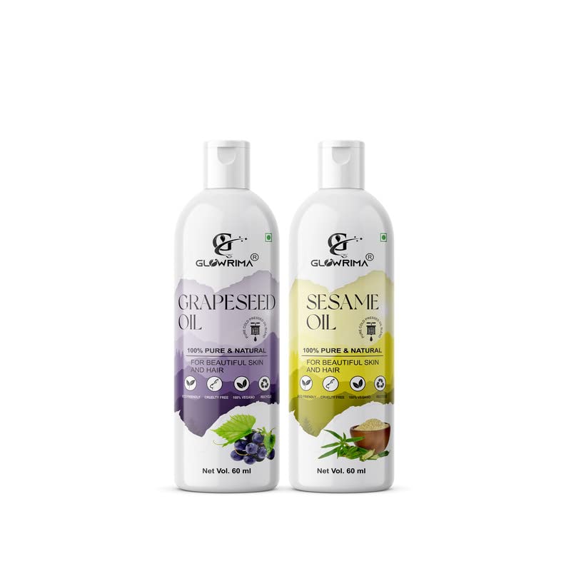 Glowrima 100% Pure Grapeseed Oil & Sesame Oil Combo (60ML Each) - Promotes Rapid Hair Growth, Reduces Hair Fall, Repairs Split Ends for Softer & Shinier Hair - Pack of 2 - Perfect for Daily Hair Care & Scalp Massage at Home
