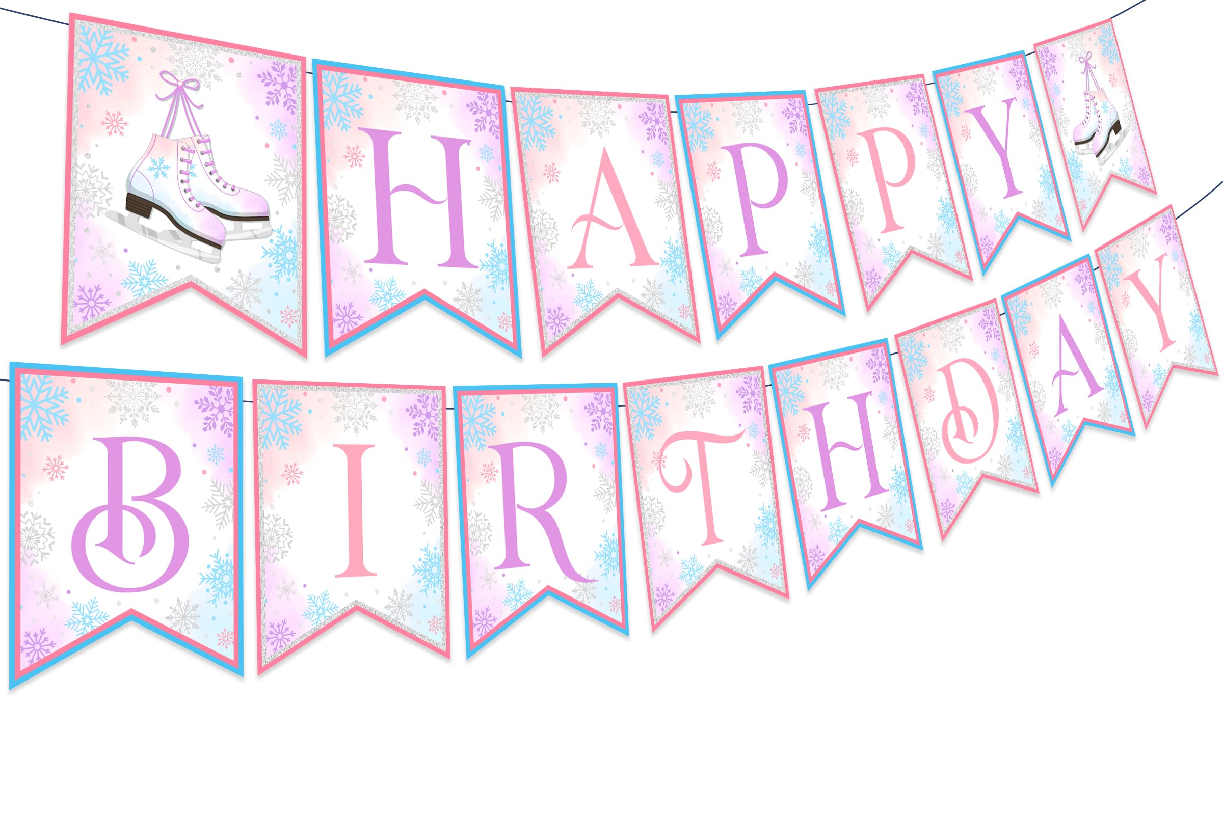 Kreatwow Pink & Purple Ice Skating Birthday Party Decorations - Winter Wonderland Snowflake Happy Birthday Banner for Girls - Perfect for Ice Skating Themed Parties, Winter Birthday Celebrations & Frozen-Inspired Decor