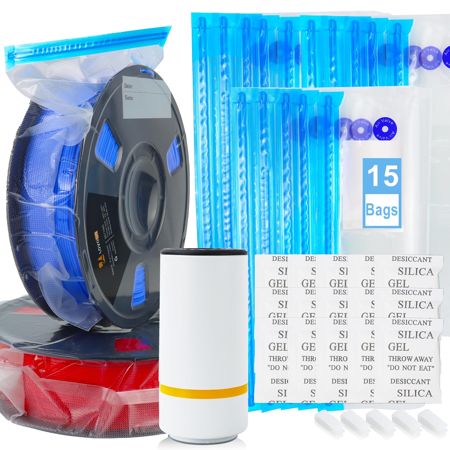 LOVOON 3D Printer Filament Storage Bags - 15-Pack Vacuum Sealed Kit with Auto Pump & Desiccants | Keep Filament Dry & Fresh | Perfect for PLA, ABS, PETG Filament Storage After Drying | Ideal for 3D Printing Enthusiasts & Makers