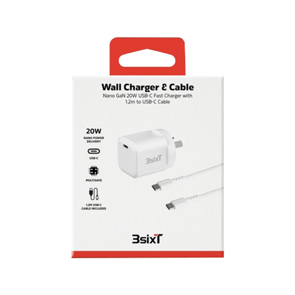3sixT 20W GaN Wall Charger with USB C PD & USB C to C Cable - Fast Charging for iPhone 15/14/13, Samsung Galaxy, iPad - Compact & Portable for Travel, Home, Office