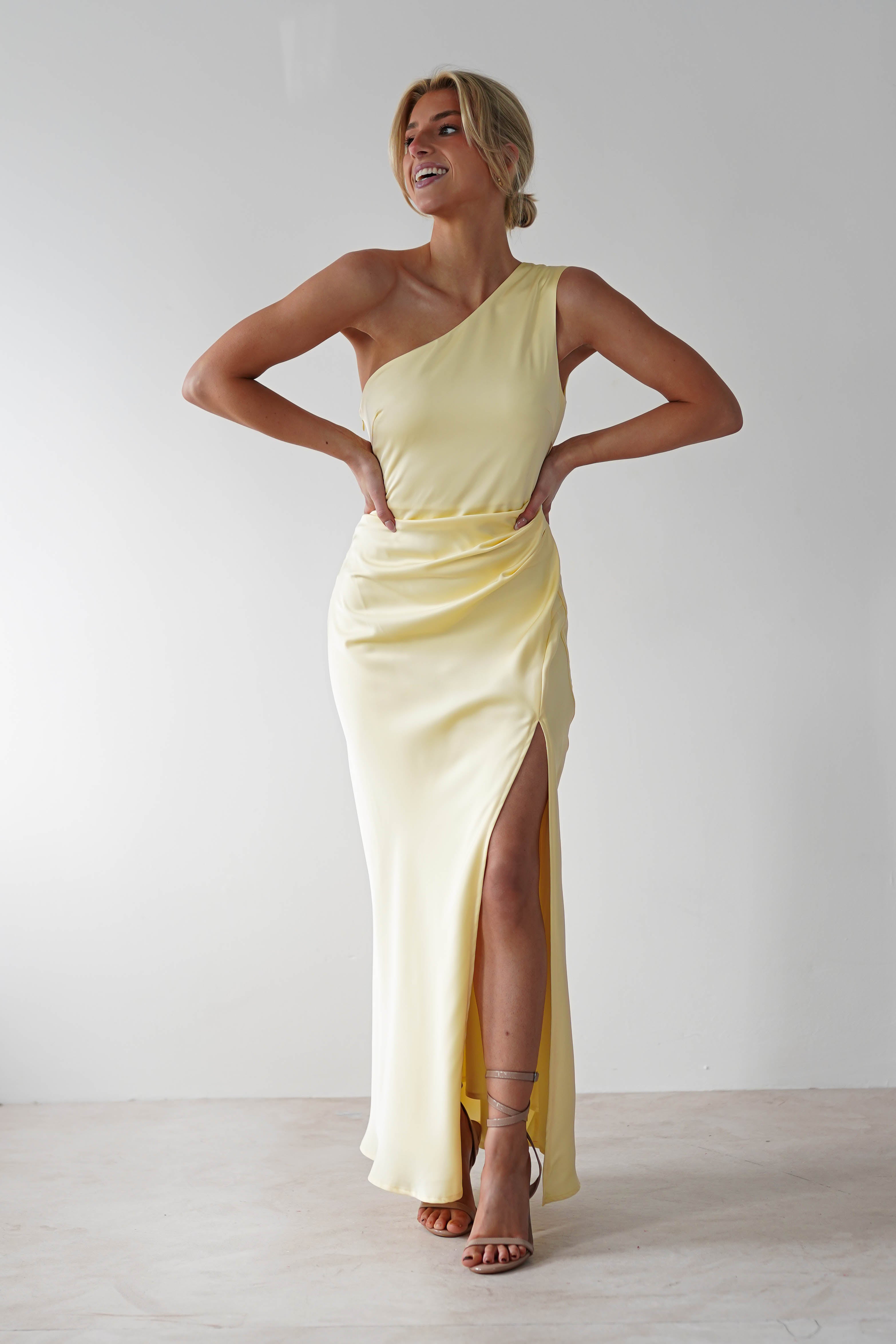 Meera Soft Matte Satin Midaxi Dress for Women - Elegant Yellow Flowy Midi Dress | Perfect for Weddings, Parties & Special Occasions