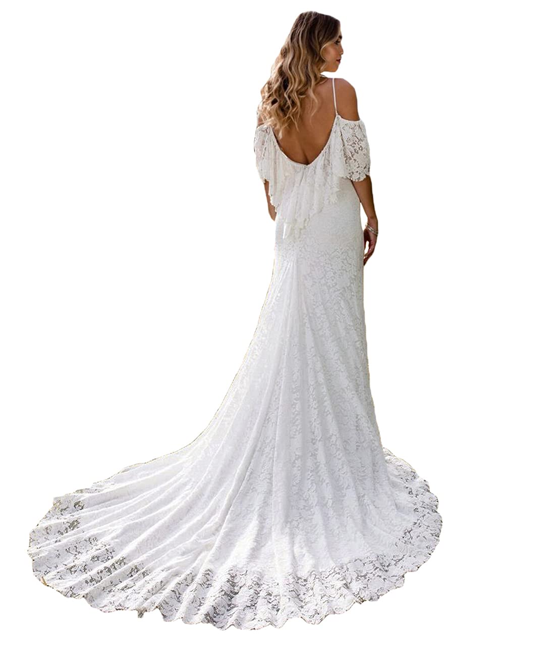 Clovile Women's Lace Bohemian Wedding Dress - Off Shoulder Vintage Bridal Gown for Country Wedding, Beach Ceremony & Outdoor Elopement