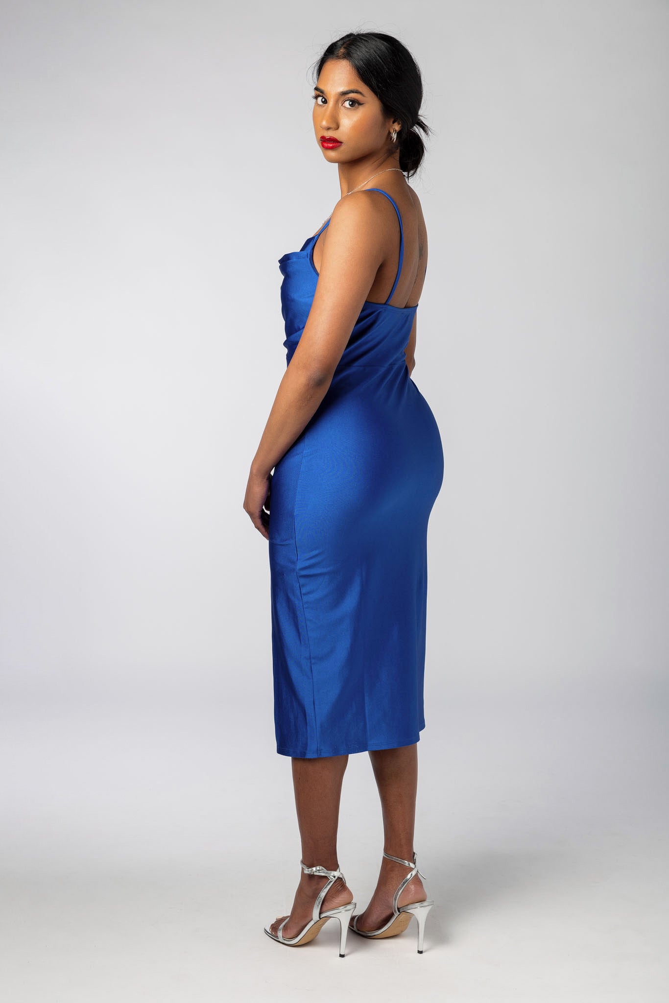 Elegant Satin Spaghetti Strap Midi Dress with Side Slit - Perfect for Cocktail Parties, Date Nights & Summer Weddings