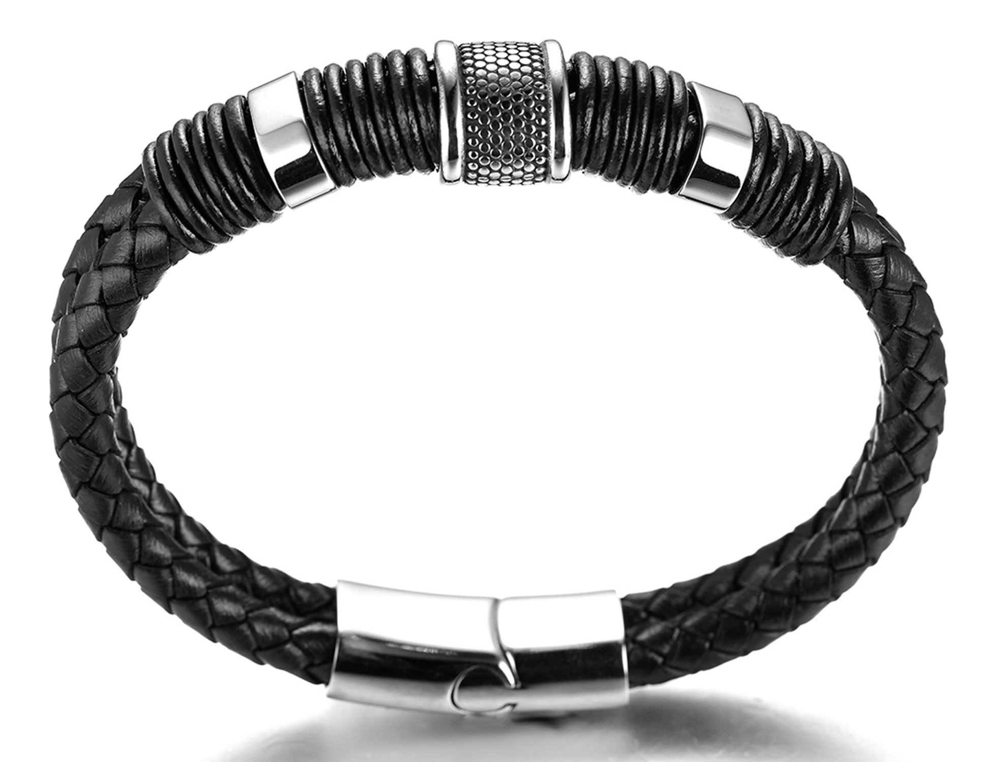HALUKAKAH Boys Leather Bracelet - Genuine Cowhide Leather with 18k Gold/Platinum Plated Titanium Beads - Adjustable Magnetic Clasp (18-19.5cm) - Perfect Gift for Kids 6-12 Years - Ideal for Birthdays, Christmas & Special Occasions