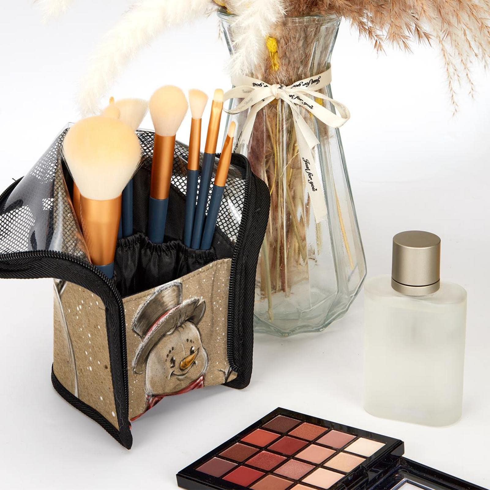 12-Piece Makeup Brush Organizer Bag with Christmas Snowmen Design - Portable Travel Cosmetic Brush Holder Case for Professional & Home Makeup Storage