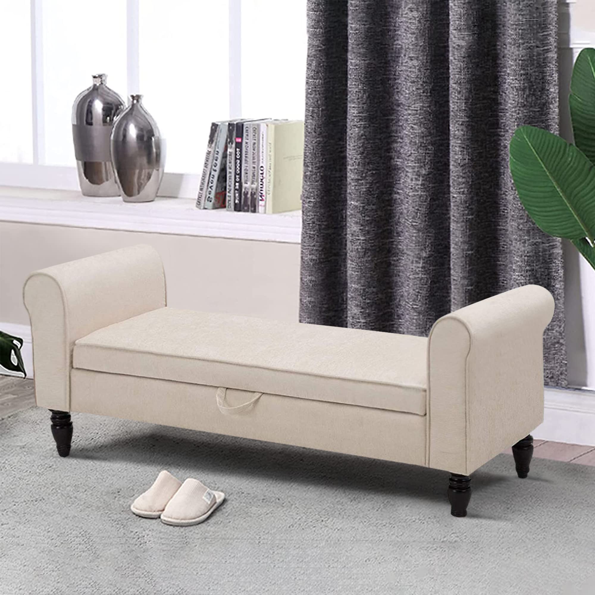ANNJOE Upholstered Storage Ottoman Bench with Arms - Vanity Seat, Bedroom Bench, Entryway & End of Bed Stool - Beige Fabric - Perfect for Bedroom Decor, Living Room Seating & Entryway Organization