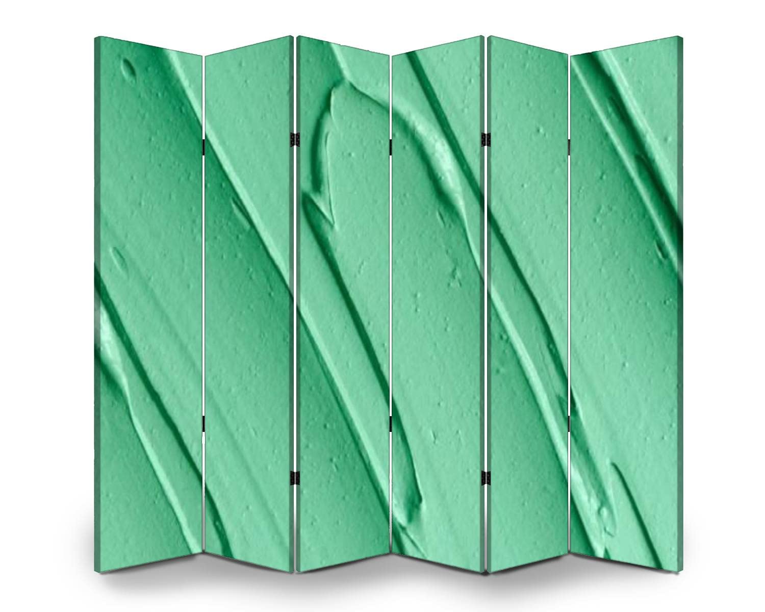 6-Panel Wooden Room Divider with Green Cosmetic Clay & Kelp Facial Cream Design - Dual-Sided Folding Privacy Screen for Indoor Spaces, Spa Decor, and Home Office Partition | Canvas Texture Wall Divider & Display Shelves