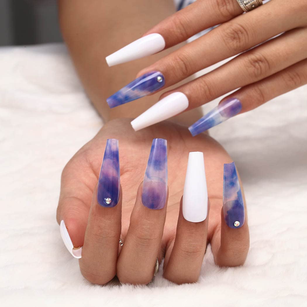 Glossy Purple Press on Nails Long Coffin Shape with Marble Design & Glitter Rhinestones - 24Pcs Full Cover False Nails for Women & Girls - Perfect for Parties, Weddings, and Special Occasions