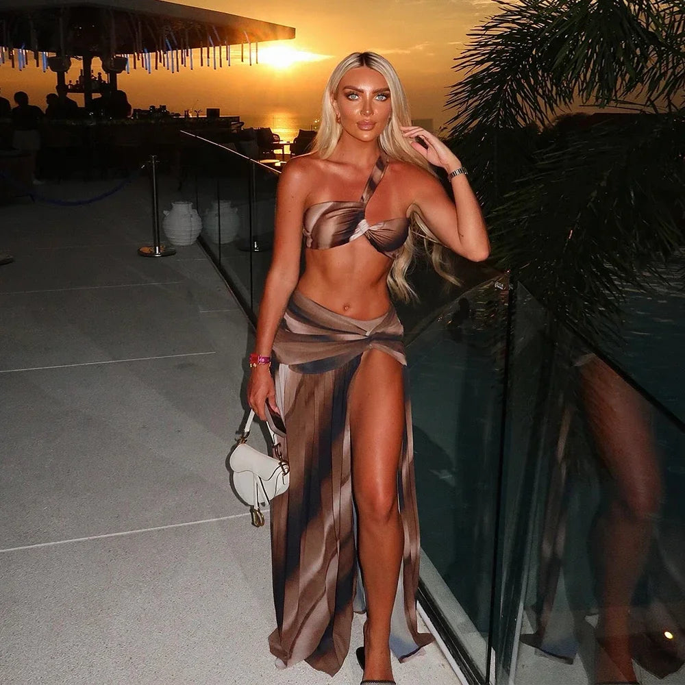 Women's Off Shoulder Contrast Pleated Bikini Set - Sexy High Slit Swimwear & Skirt Suits for Beach, Pool Party & Vacation | Summer Swim Cover Up Outfit