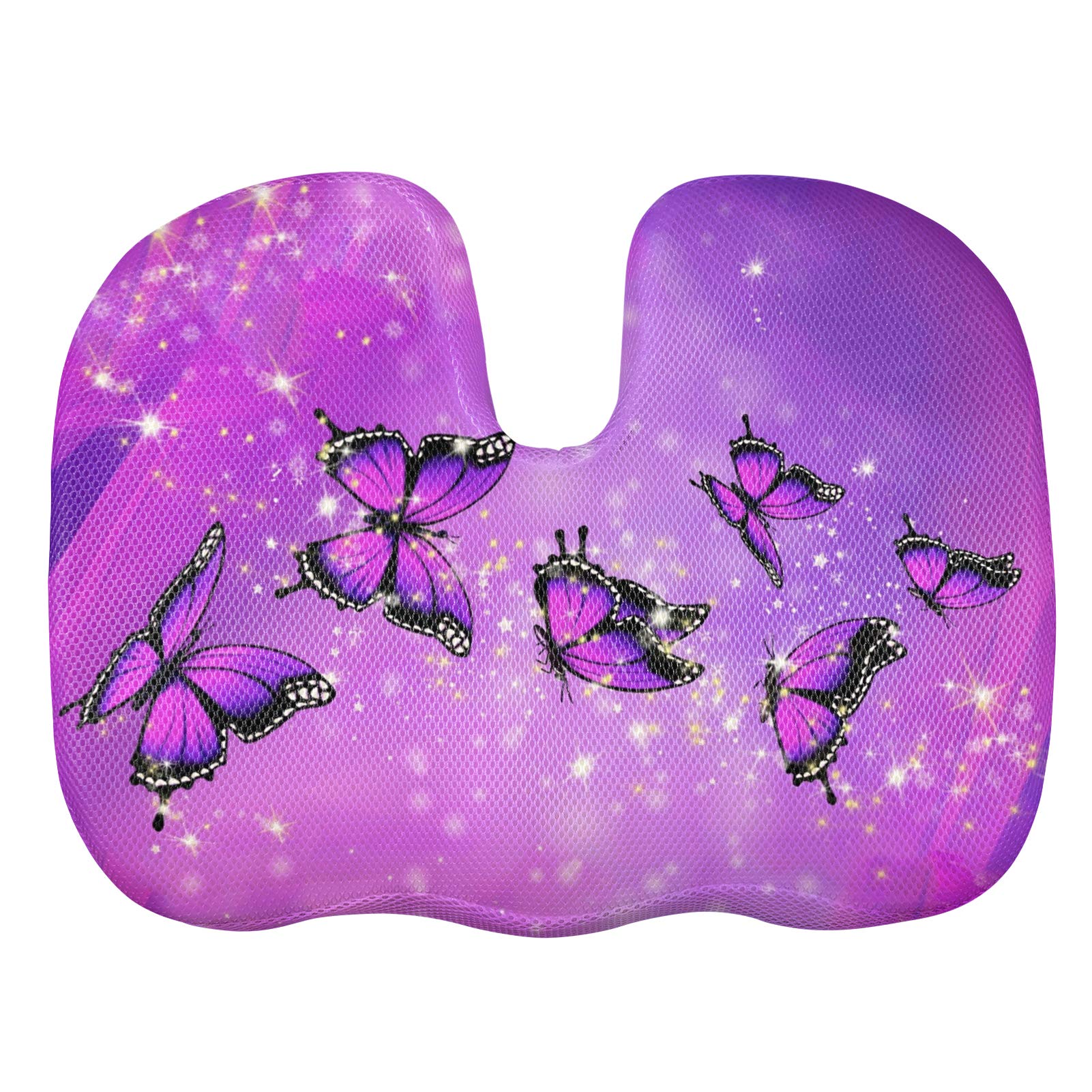 COEQINE Purple Butterfly Print Memory Foam Seat Cushion - Car & Office Chair Support for Back Pain Relief - Comfortable & Ergonomic Design for Drivers & Desk Workers
