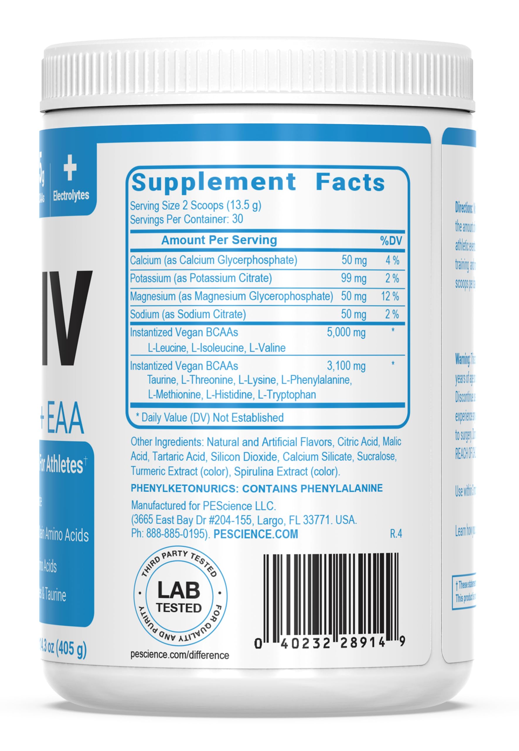 PEScience Amino IV BCAA & EAA Powder - Sour Green Apple Flavor, 60 Servings | Essential Amino Acids, Taurine & Electrolytes for Hydration | Sugar-Free Muscle Recovery Supplement for Men & Women | Ideal for Post-Workout, Fitness & Athletic Performance