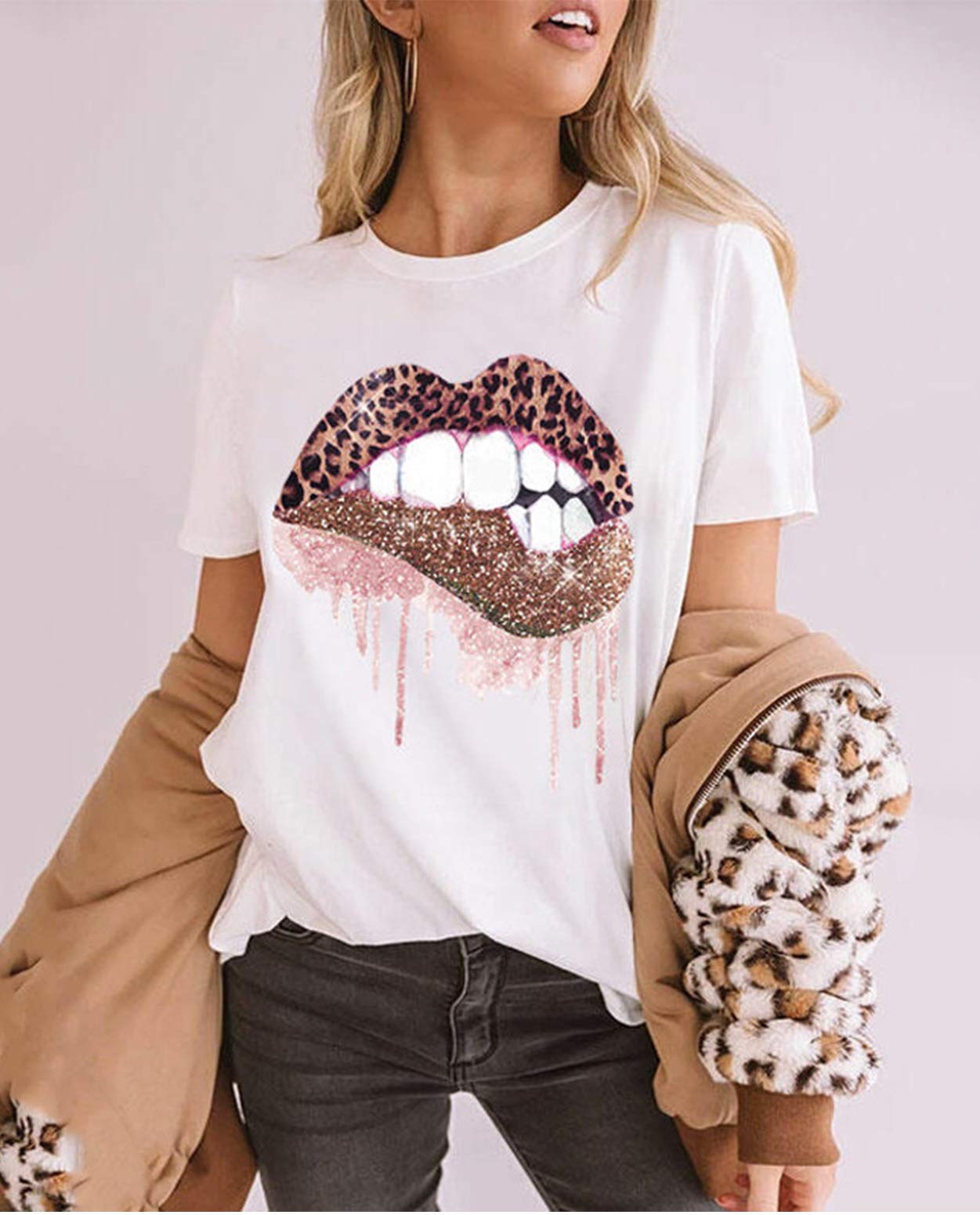 ZILIN Women's Casual Funny Lips Leopard Print Short Sleeve Graphic Tee - Summer Crewneck T-Shirt for Streetwear, Parties & Everyday Outfits