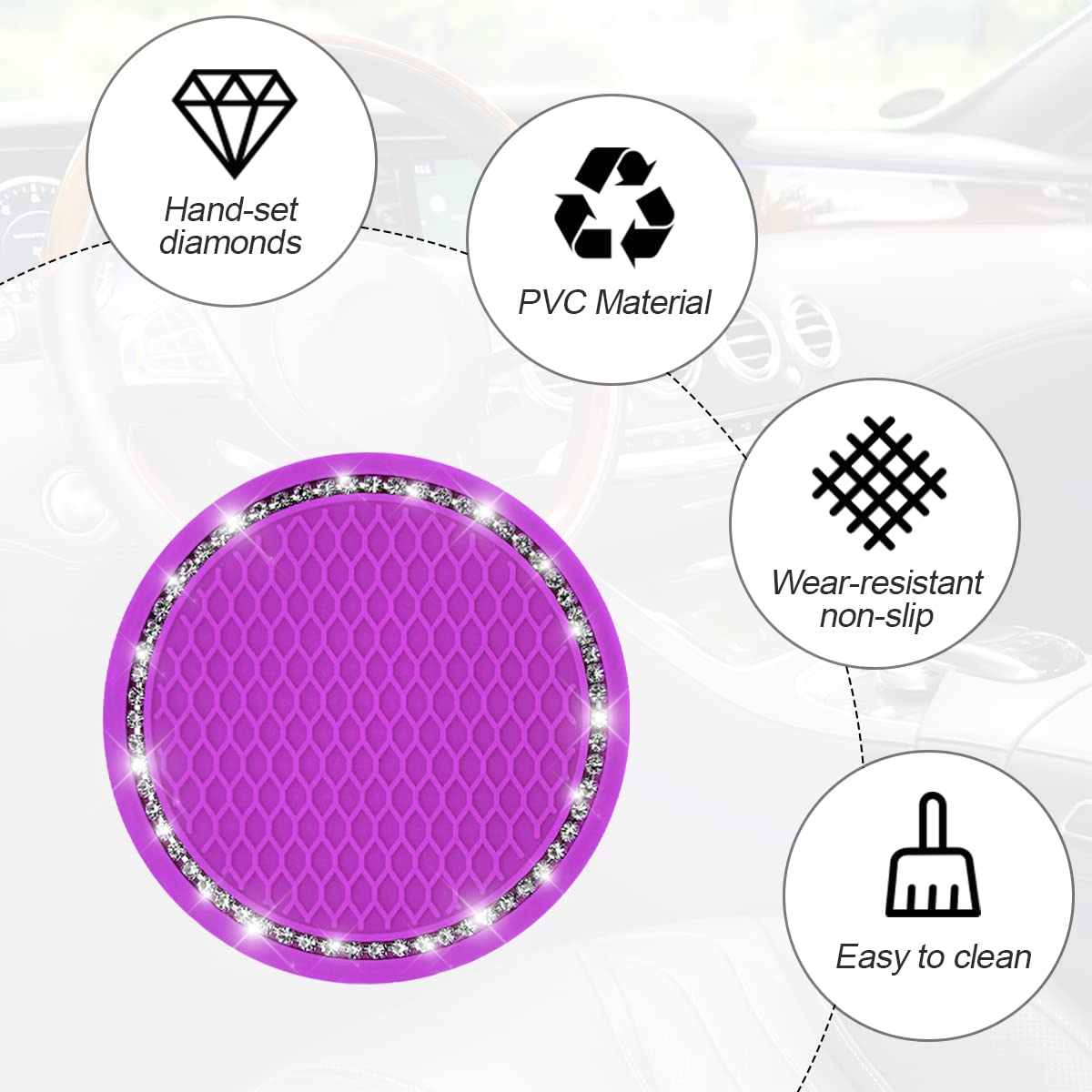 2-Pack Bling Crystal Rhinestone Car Cup Holder Coasters - 2.75