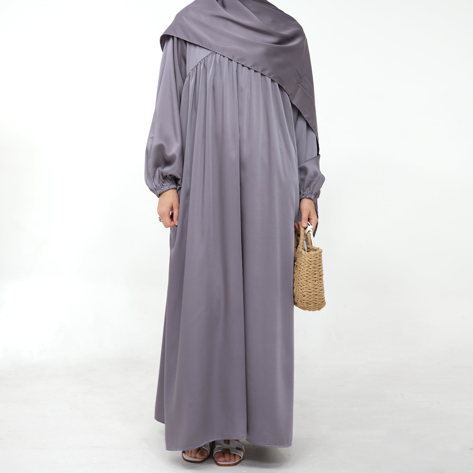 Amelia Satin Abaya Set for Women - Elegant Silver Prayer Dress with Scarf - Perfect for Eid, Ramadan & Special Occasions